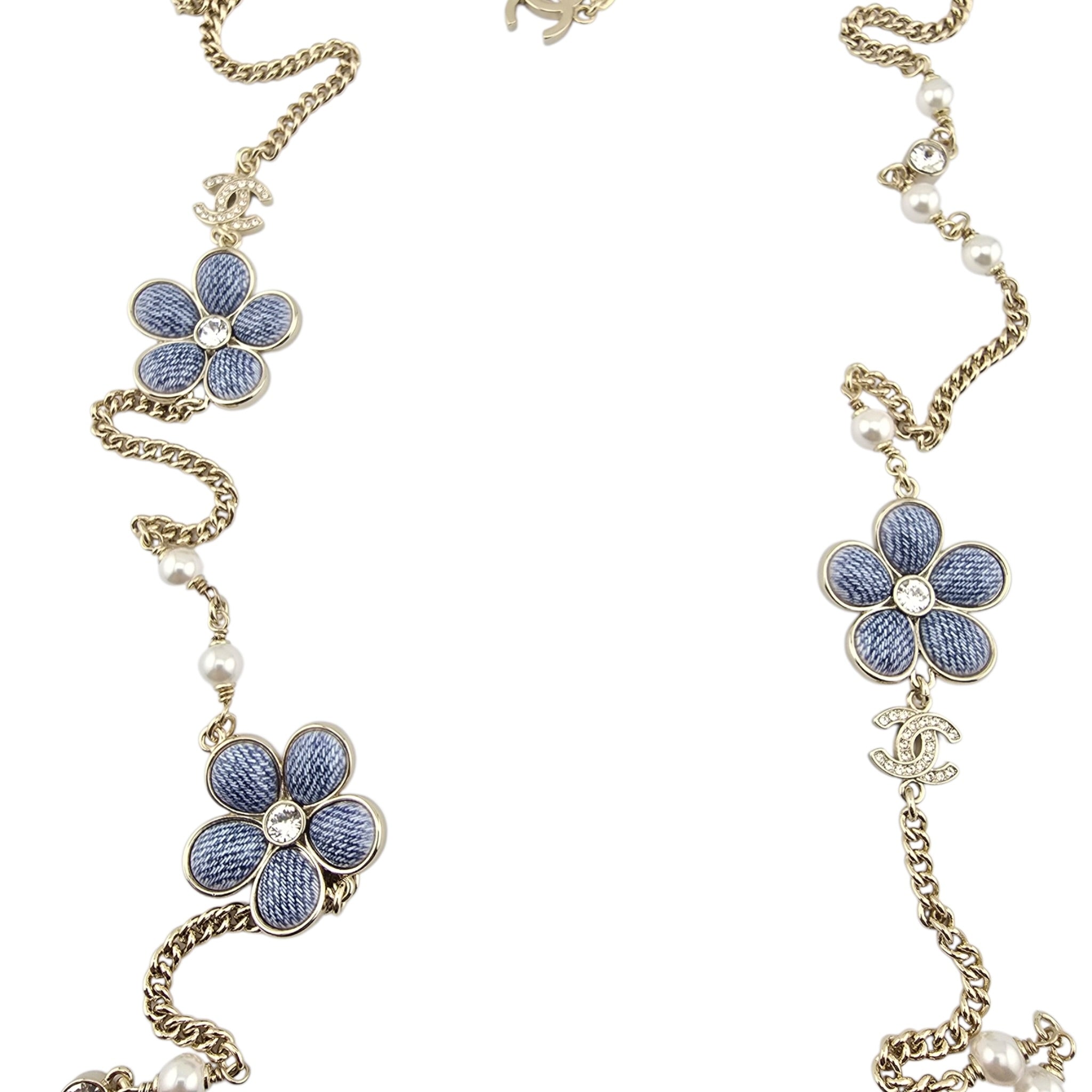 Chanel CC Blue Gold Flower Resin Denim Long Necklace 2026 CHANEL
