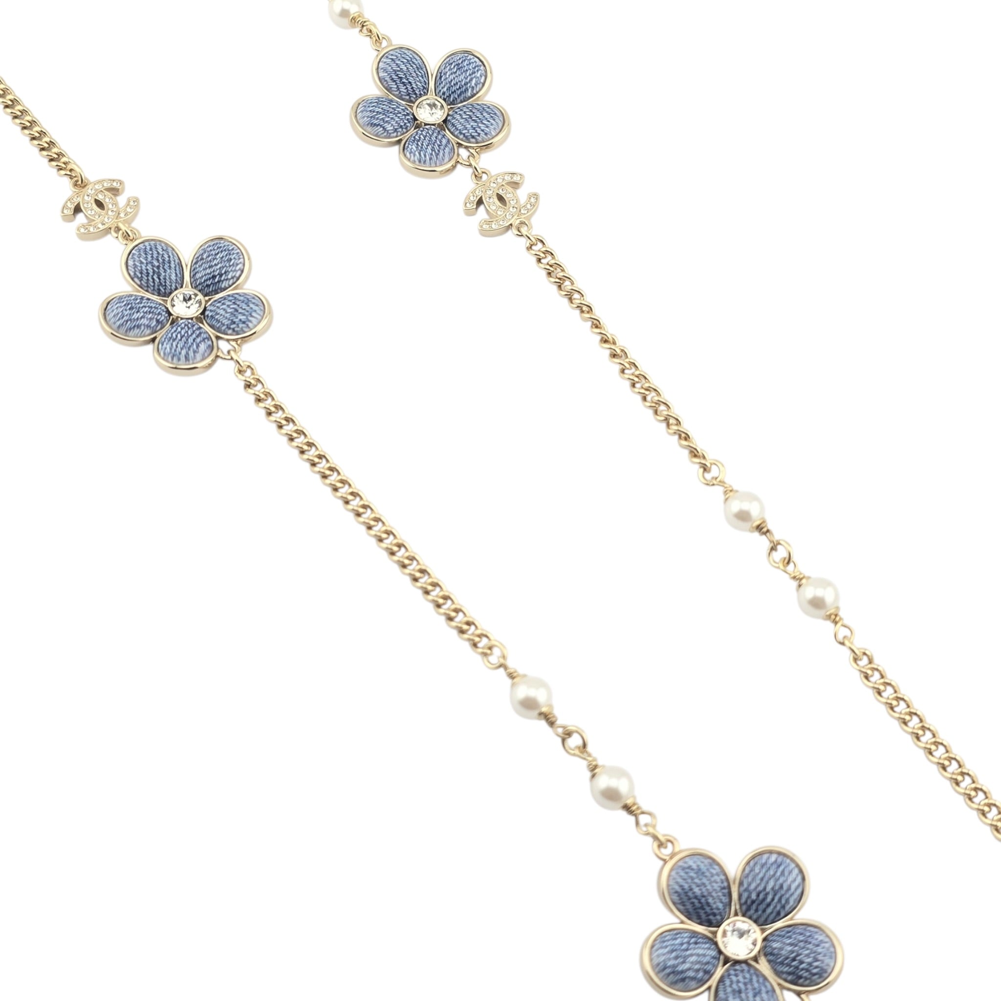 Chanel CC Blue Gold Flower Resin Denim Long Necklace 2026 CHANEL