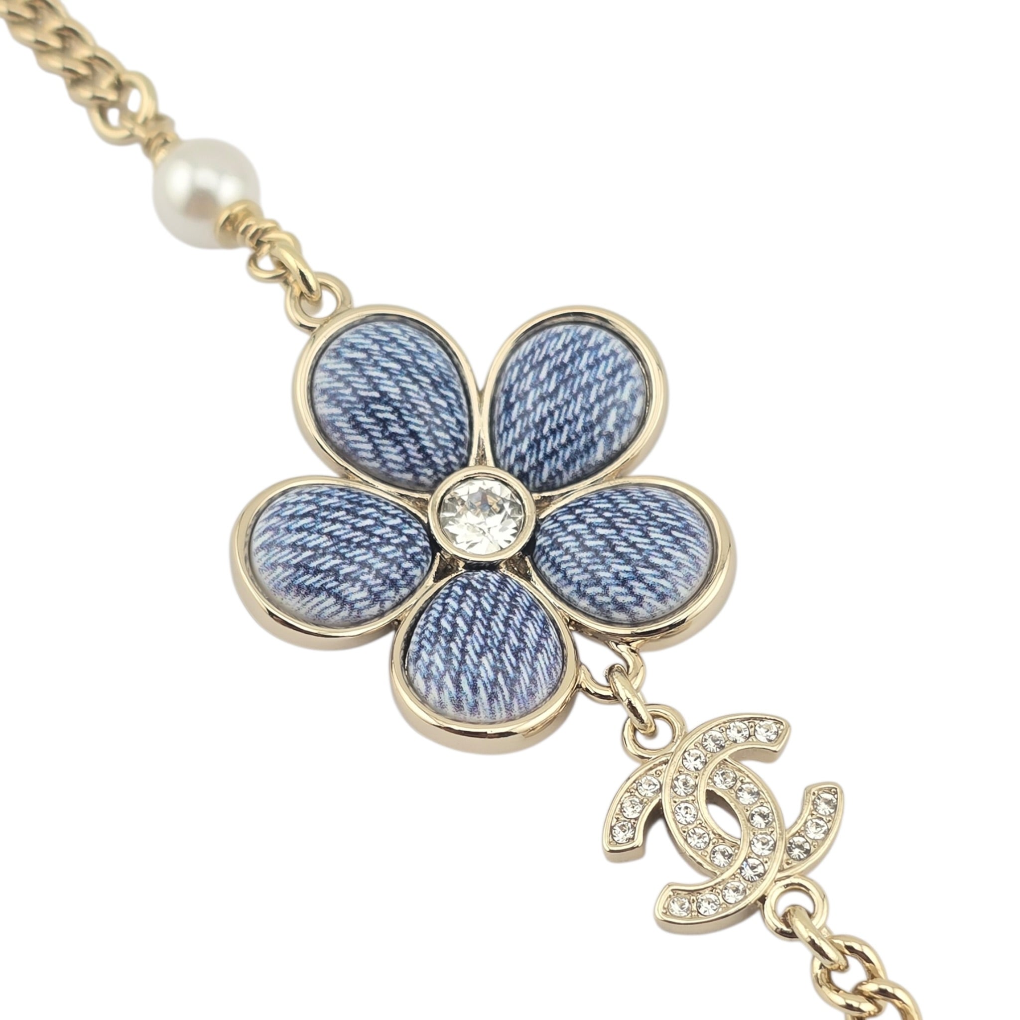 Chanel CC Blue Gold Flower Resin Denim Long Necklace 2026 CHANEL