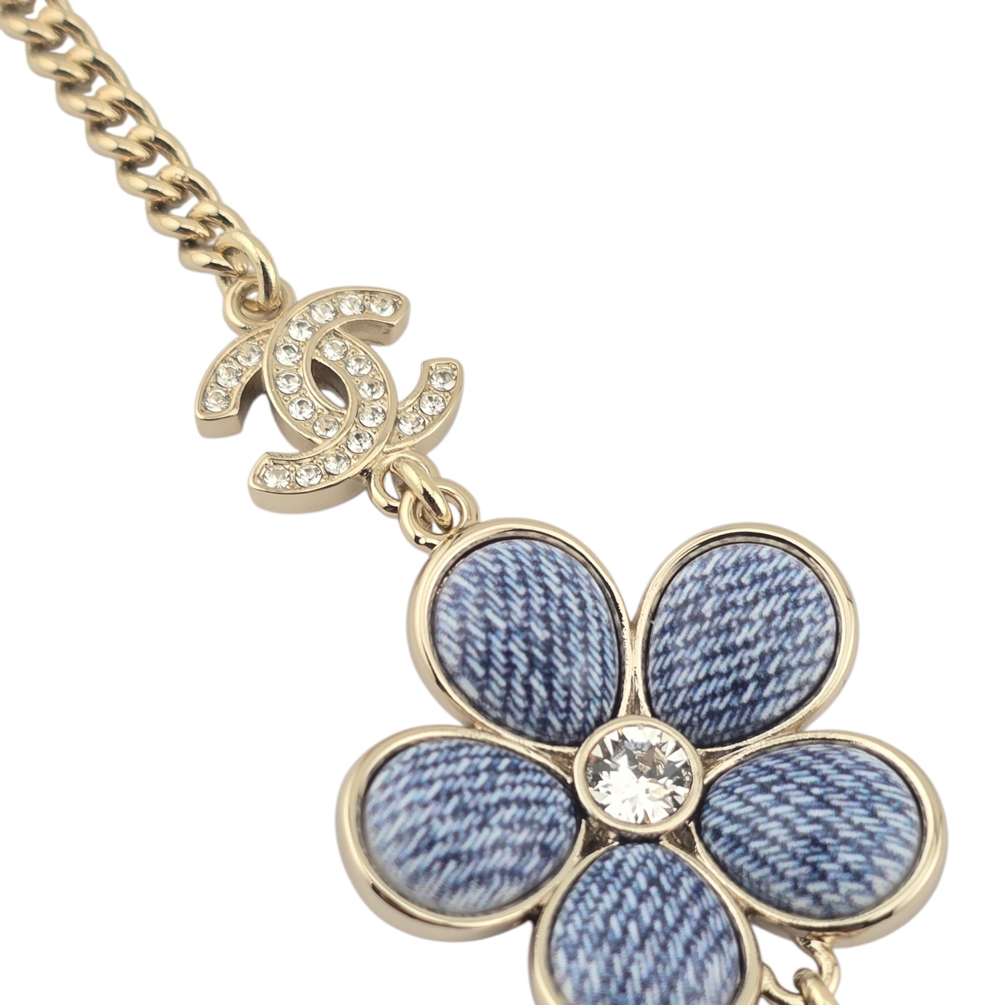 Chanel CC Blue Gold Flower Resin Denim Long Necklace 2026 CHANEL