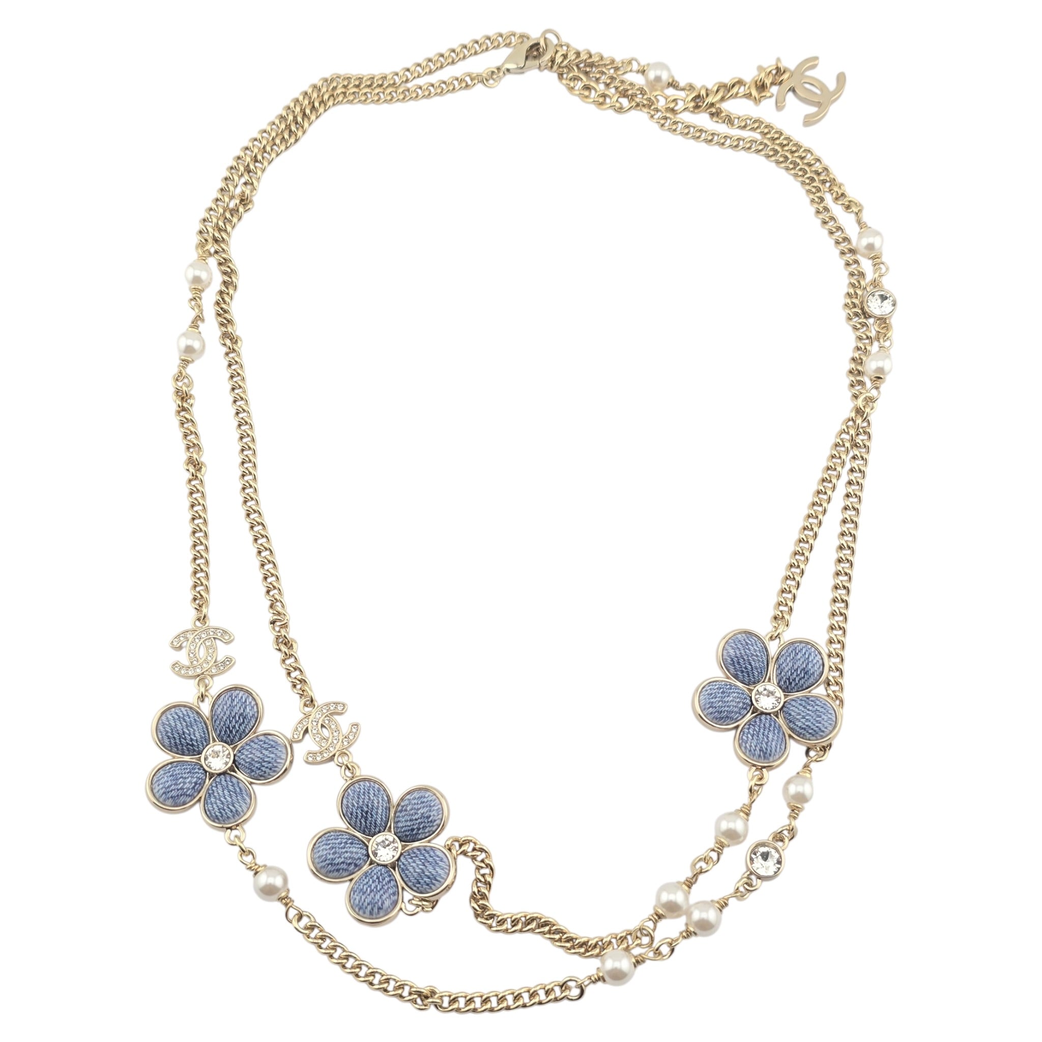 Chanel CC Blue Gold Flower Resin Denim Long Necklace 2026 CHANEL