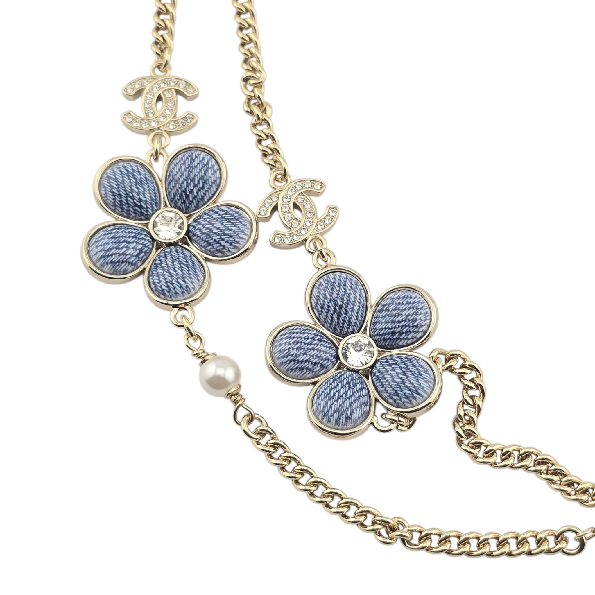 Chanel CC Blue Gold Flower Resin Denim Long Necklace 2026 CHANEL