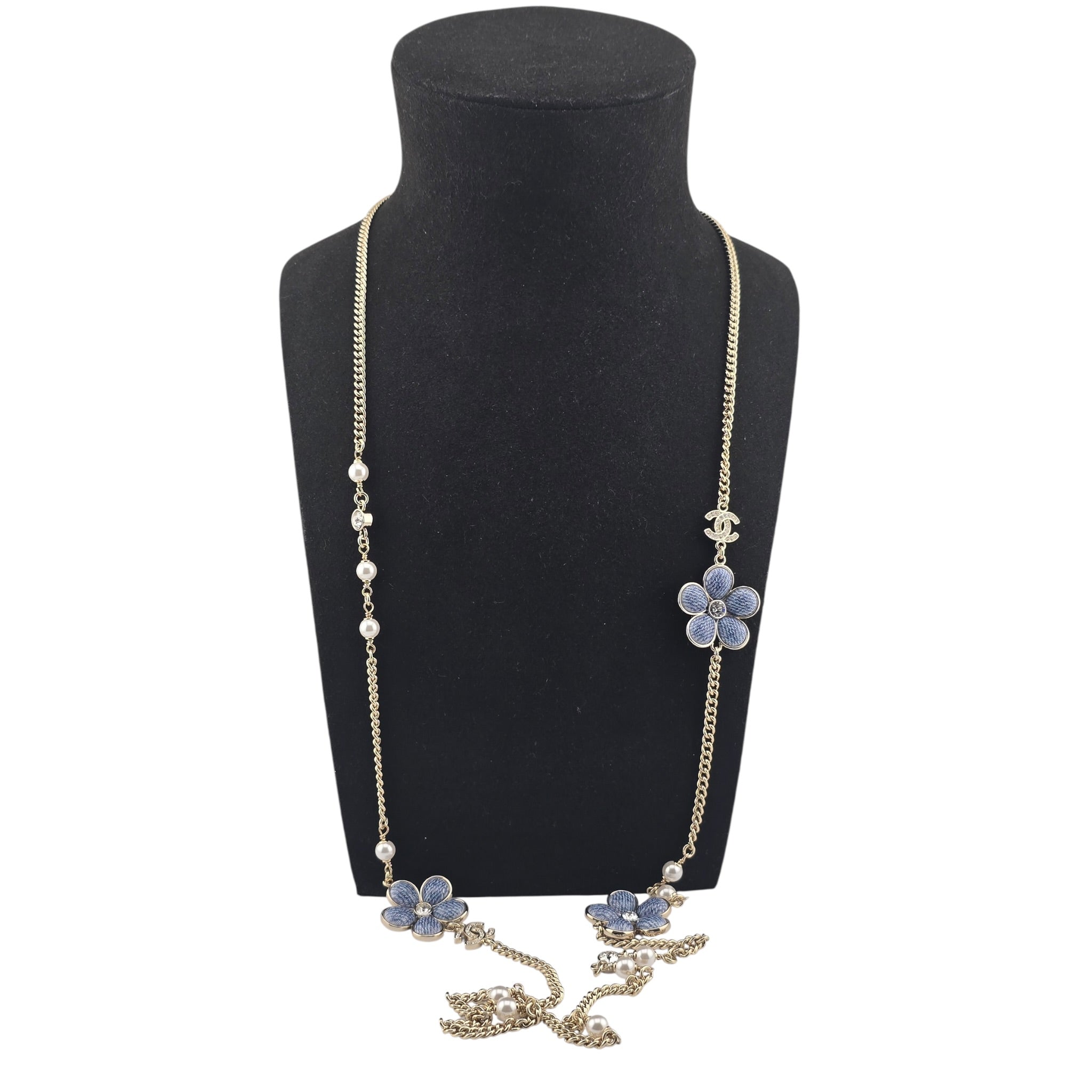 Chanel CC Blue Gold Flower Resin Denim Long Necklace 2026 CHANEL