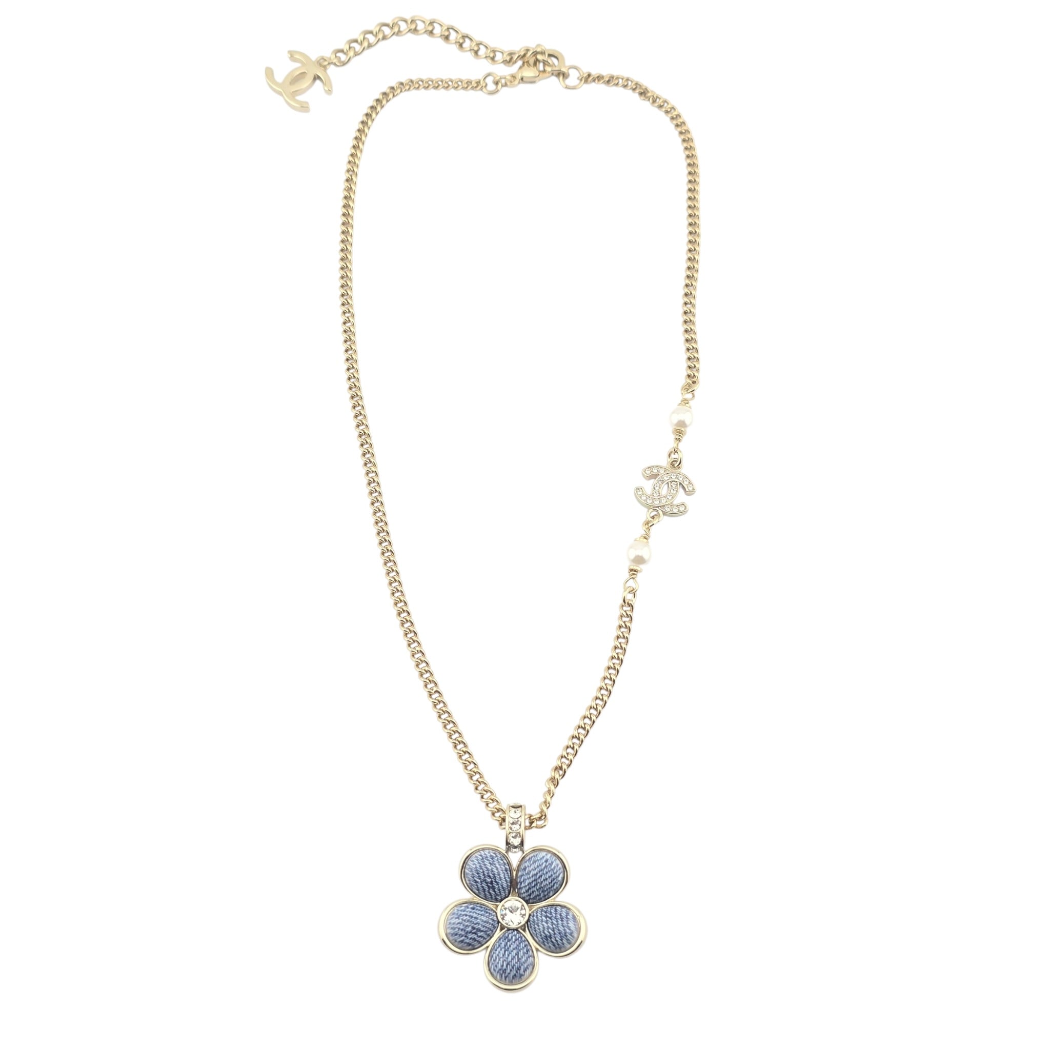 Chanel CC Blue Gold Flower Resin Denim Necklace 2026 CHANEL