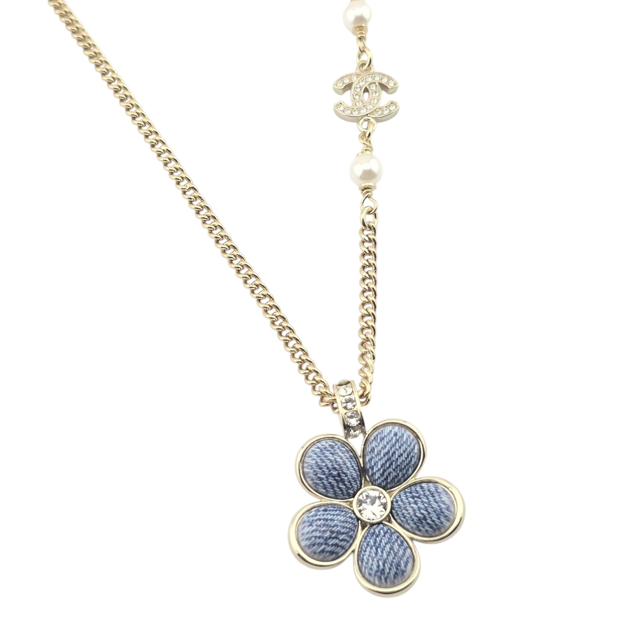 Chanel CC Blue Gold Flower Resin Denim Necklace 2026 CHANEL
