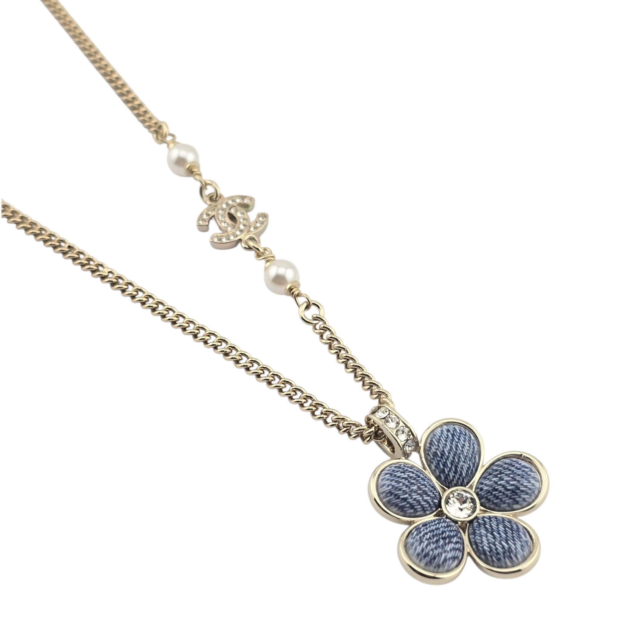 Chanel CC Blue Gold Flower Resin Denim Necklace 2026 CHANEL