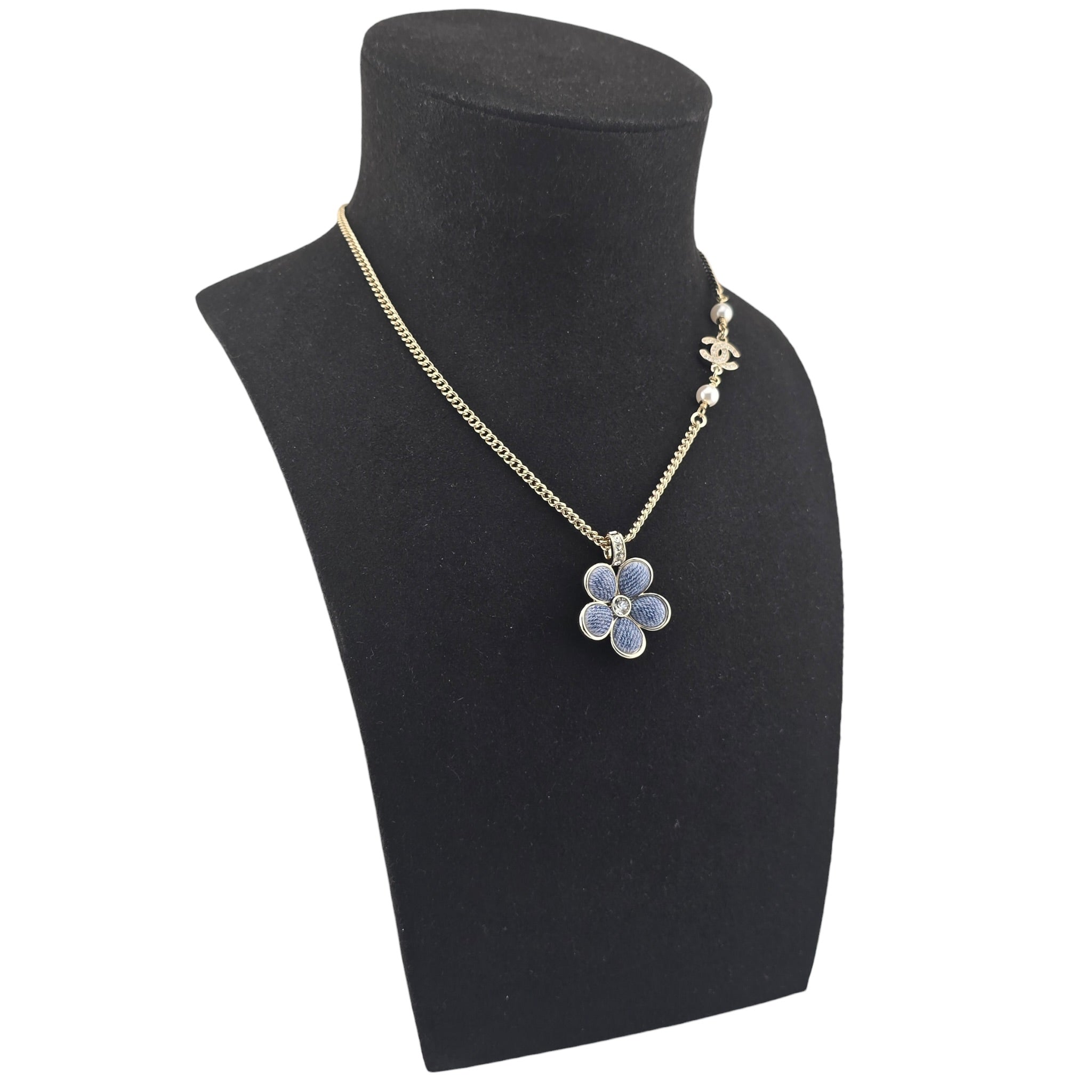 Chanel CC Blue Gold Flower Resin Denim Necklace 2026 CHANEL