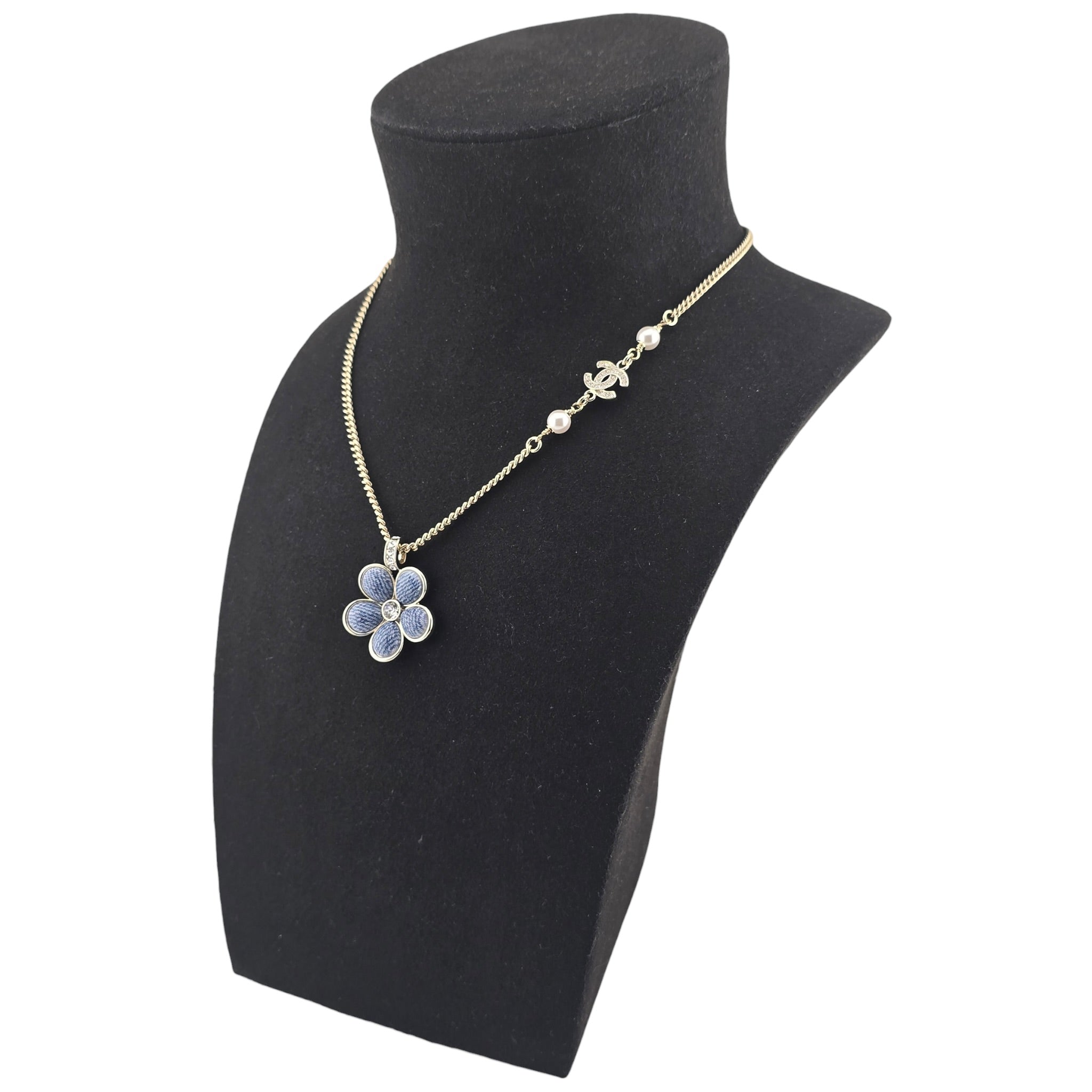 Chanel CC Blue Gold Flower Resin Denim Necklace 2026 CHANEL