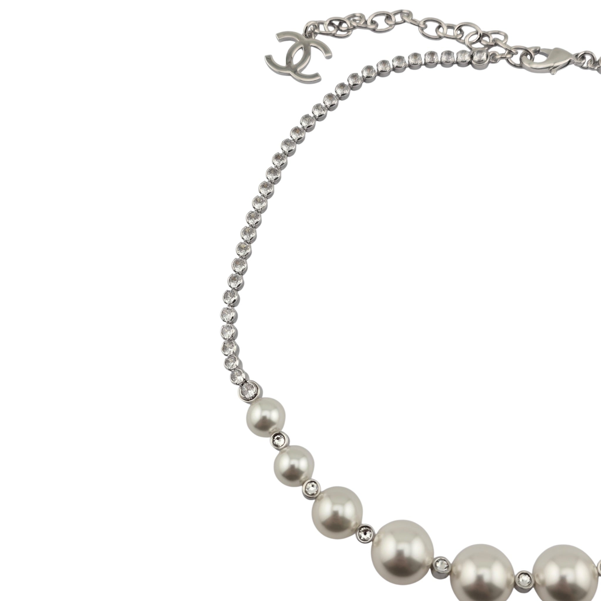 Chanel CC Faux Pearl Silver Crystal Necklace 2025 CHANEL