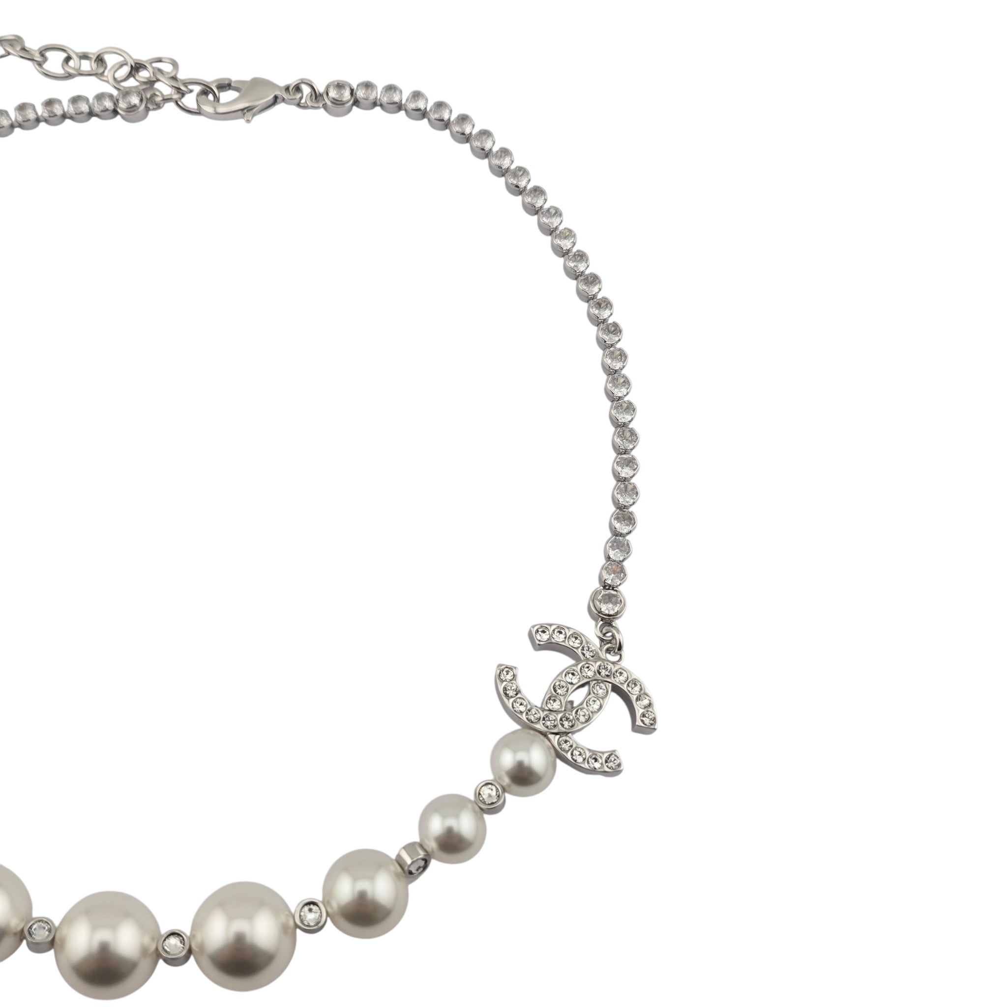 Chanel CC Faux Pearl Silver Crystal Necklace 2025 CHANEL