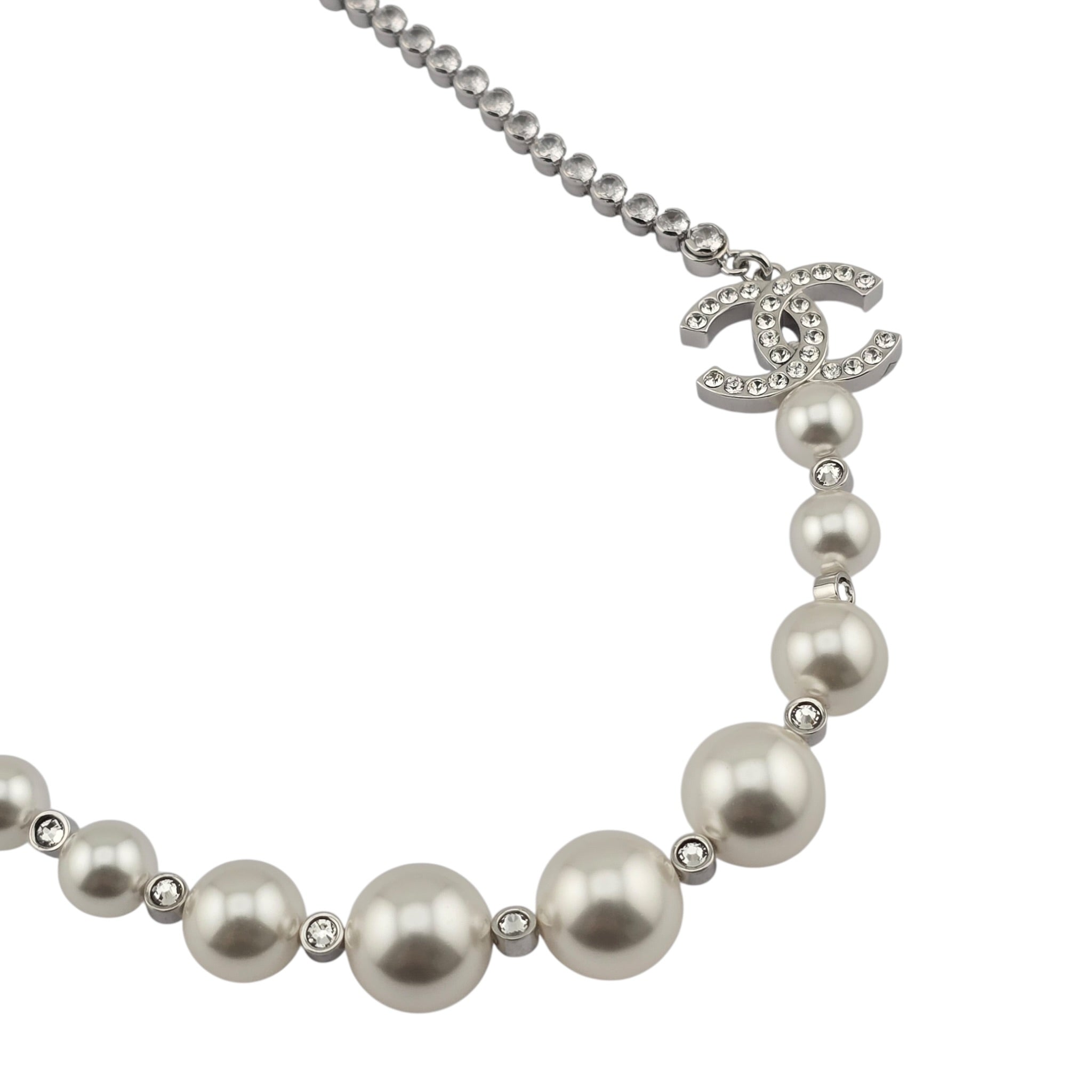 Chanel CC Faux Pearl Silver Crystal Necklace 2025 CHANEL
