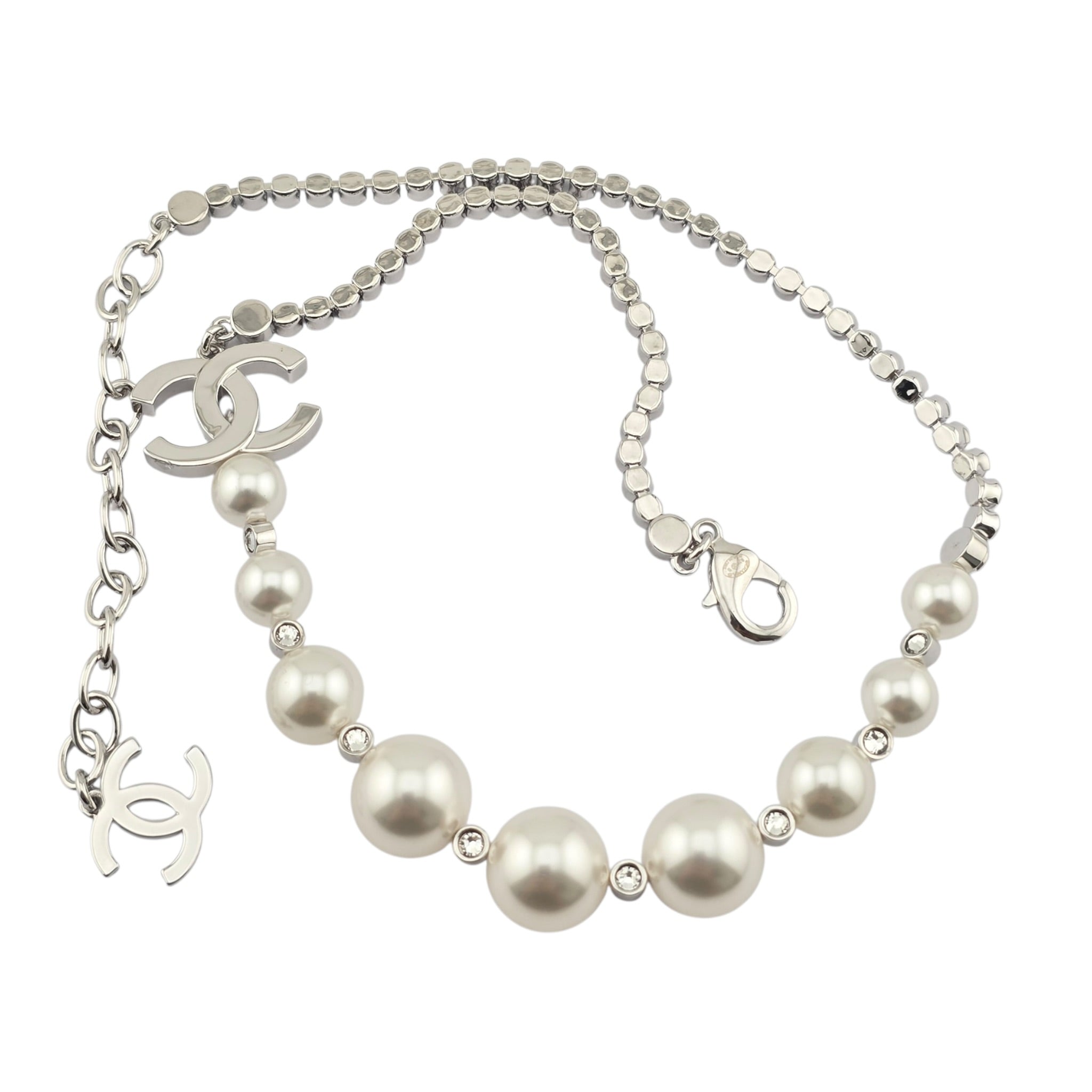 Chanel CC Faux Pearl Silver Crystal Necklace 2025 CHANEL