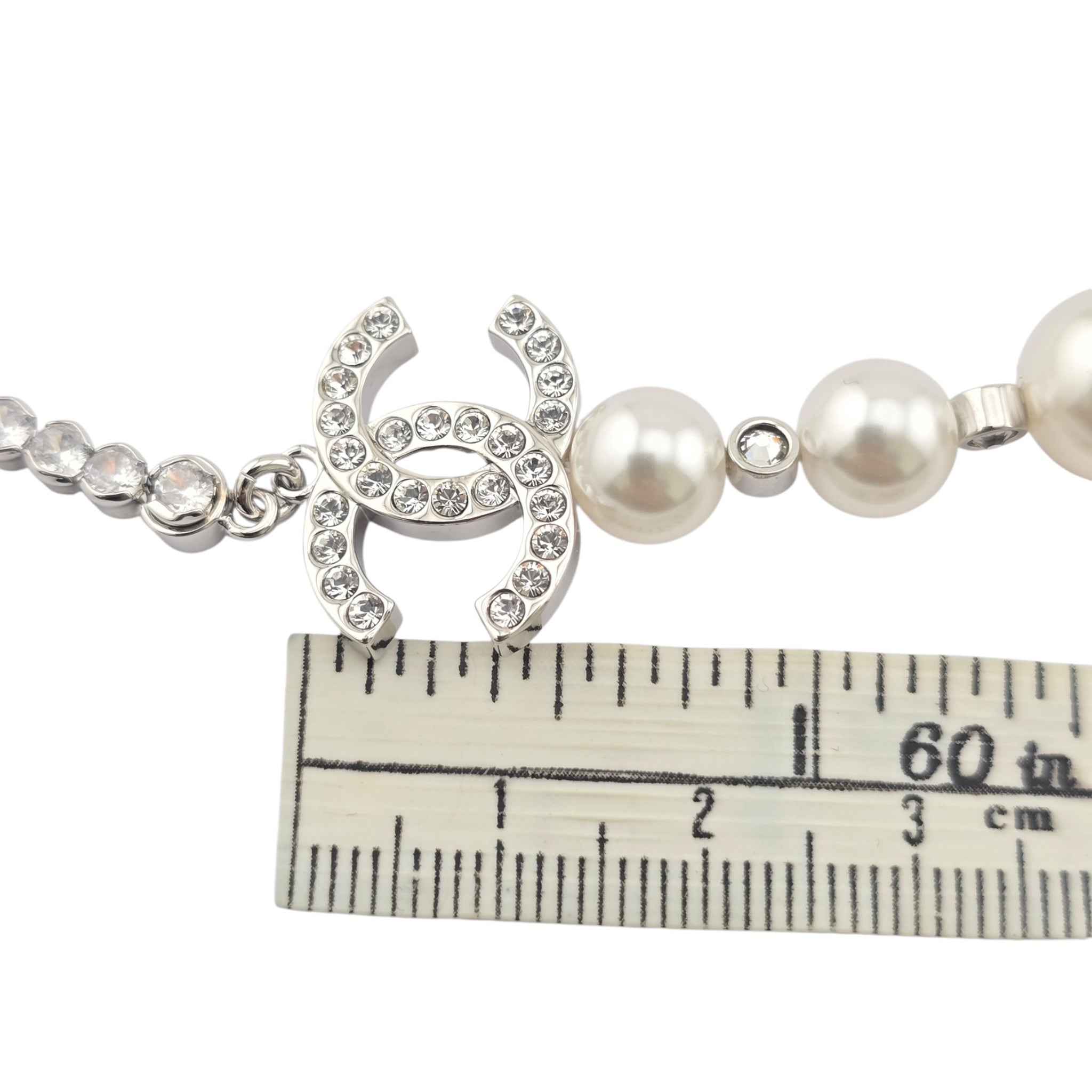 Chanel CC Faux Pearl Silver Crystal Necklace 2025 CHANEL