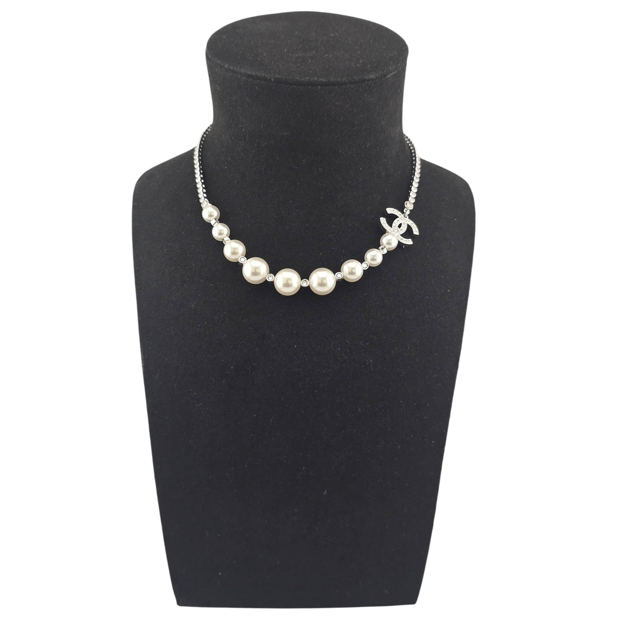 Chanel CC Faux Pearl Silver Crystal Necklace 2025 CHANEL