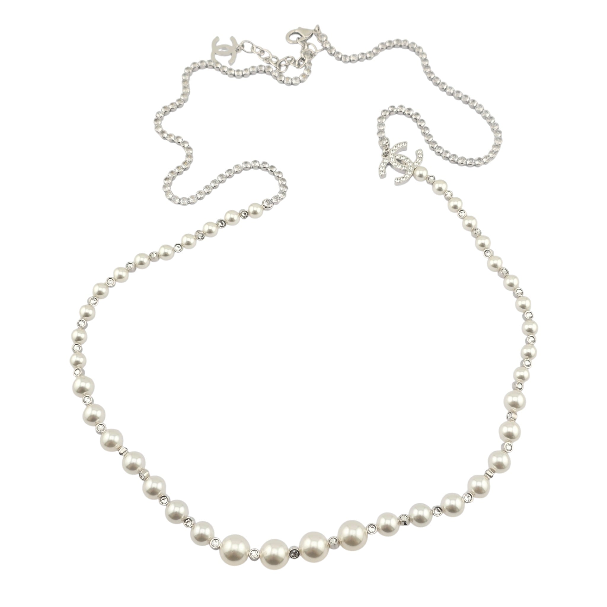 Chanel CC Faux Pearl Silver Crystal Long Necklace 2025 CHANEL