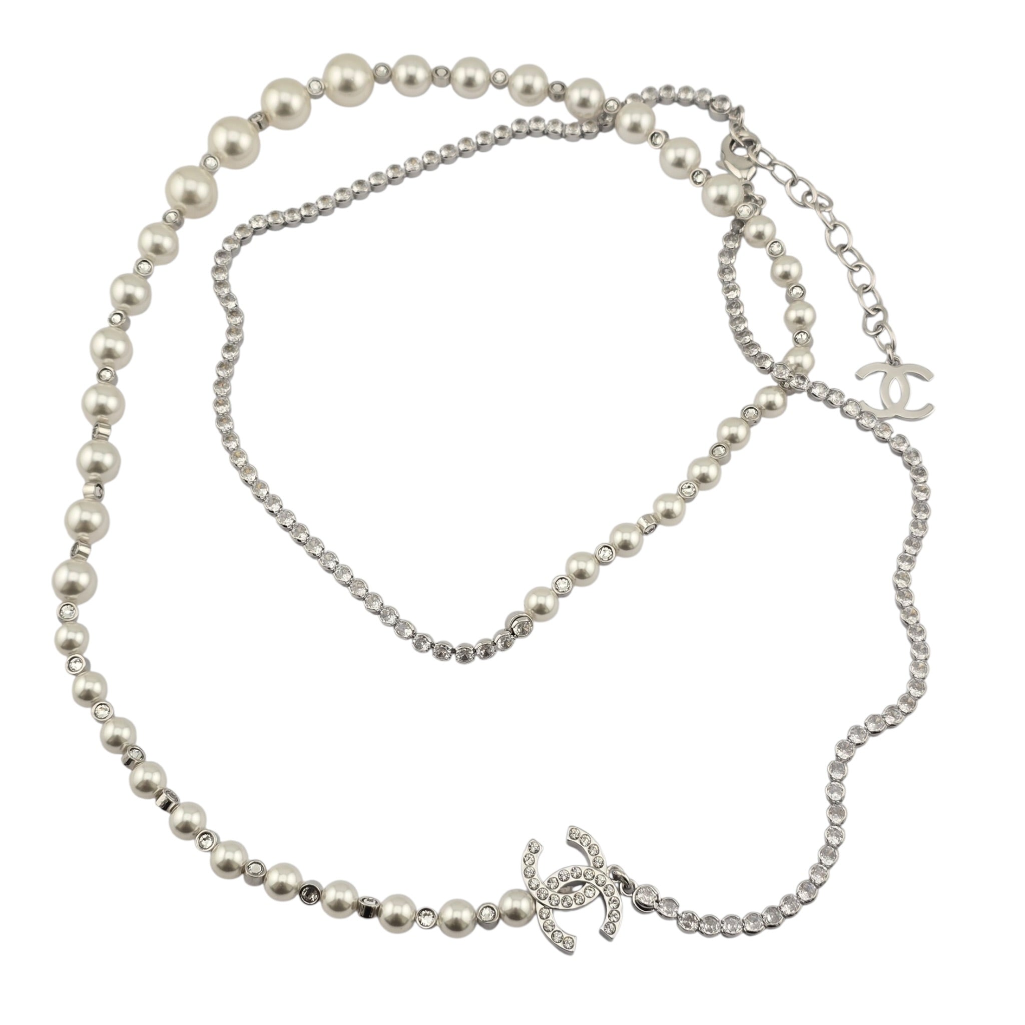 Chanel CC Faux Pearl Silver Crystal Long Necklace 2025 CHANEL