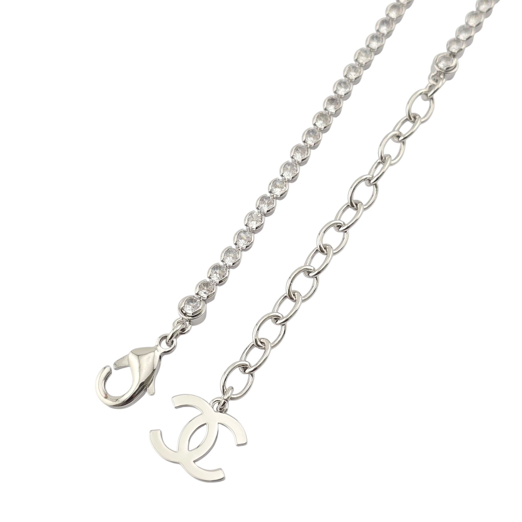 Chanel CC Faux Pearl Silver Crystal Long Necklace 2025 CHANEL