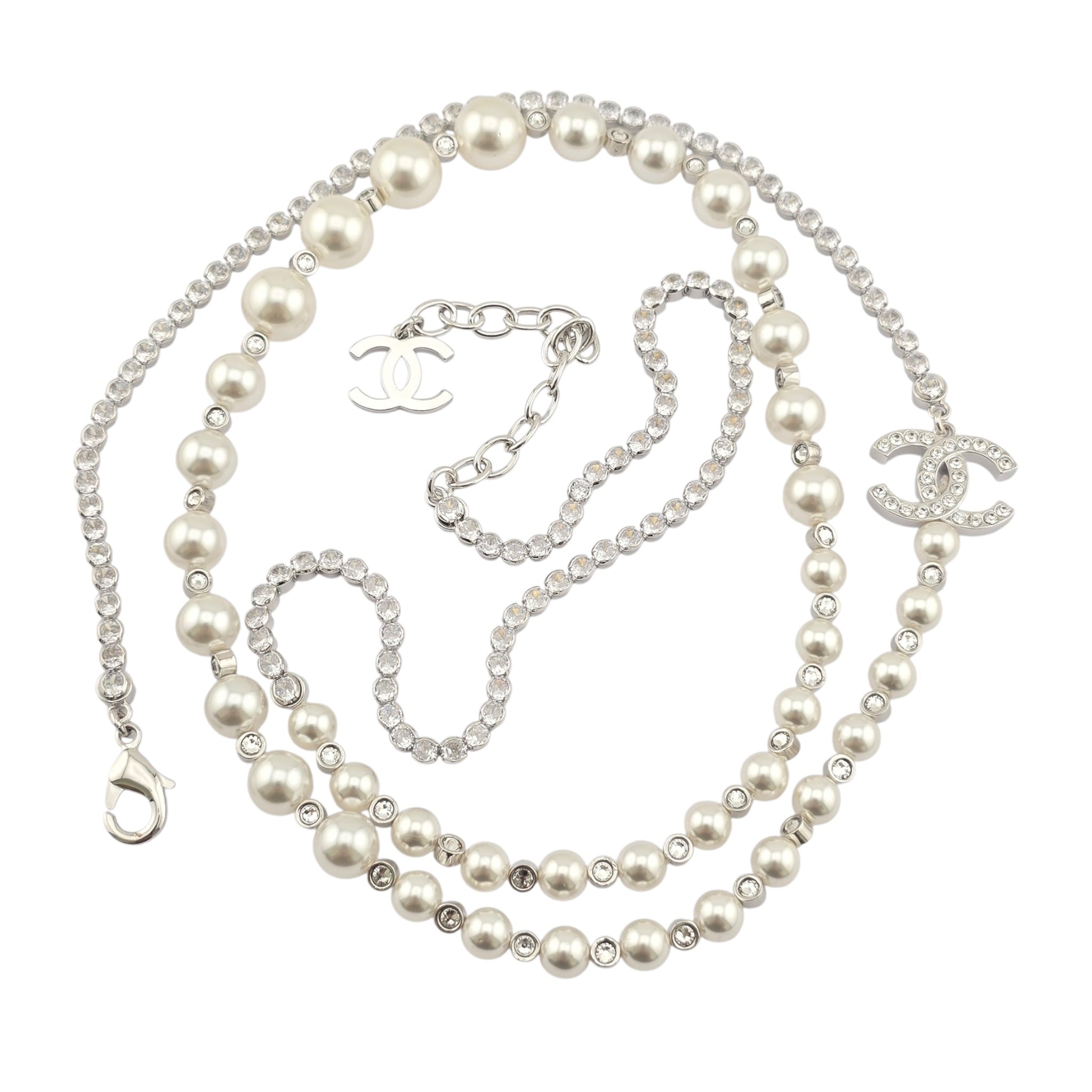 Chanel CC Faux Pearl Silver Crystal Long Necklace 2025 CHANEL