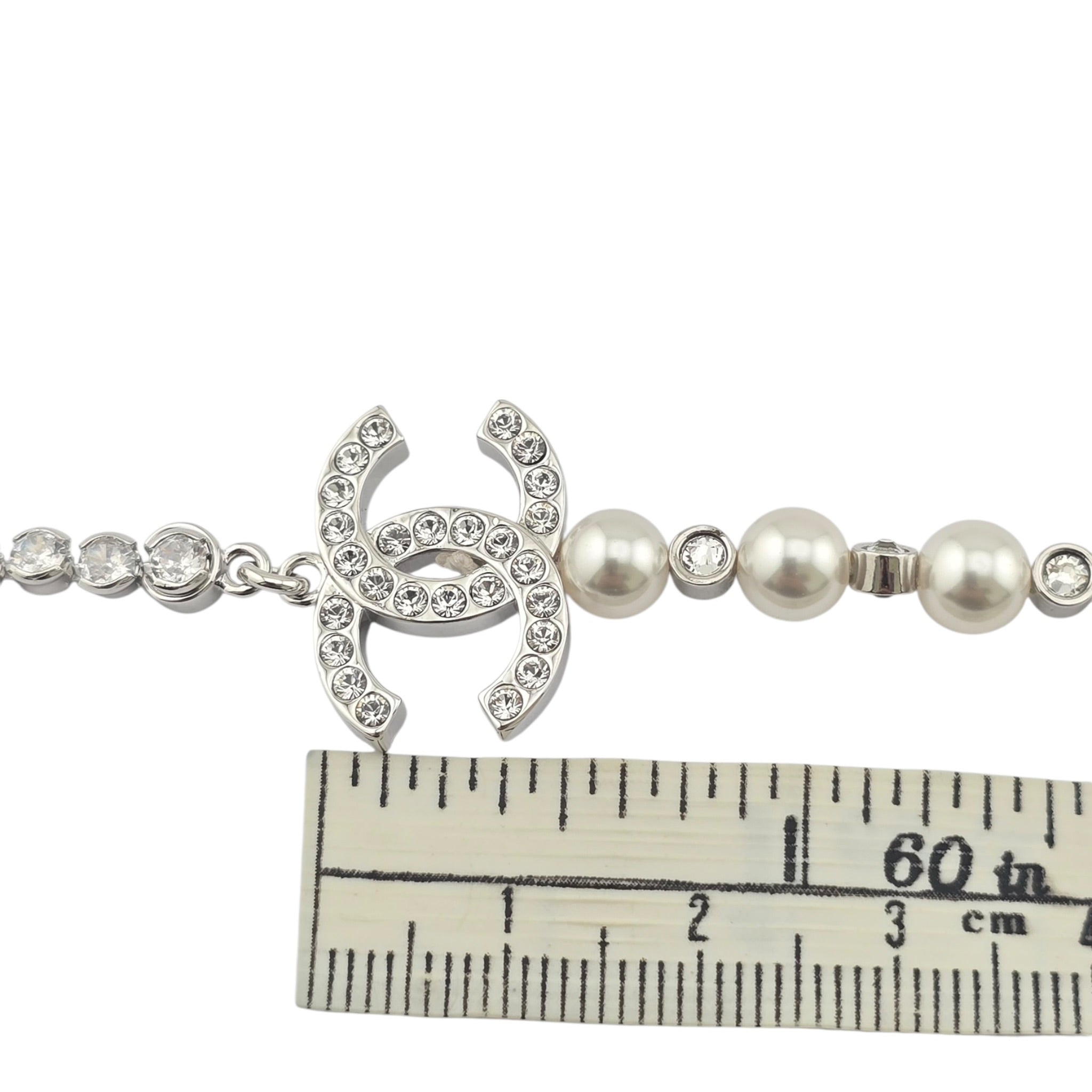 Chanel CC Faux Pearl Silver Crystal Long Necklace 2025 CHANEL