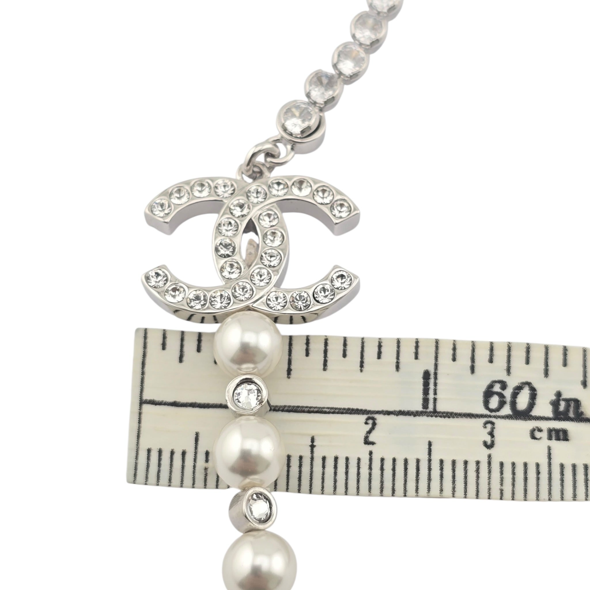 Chanel CC Faux Pearl Silver Crystal Long Necklace 2025 CHANEL