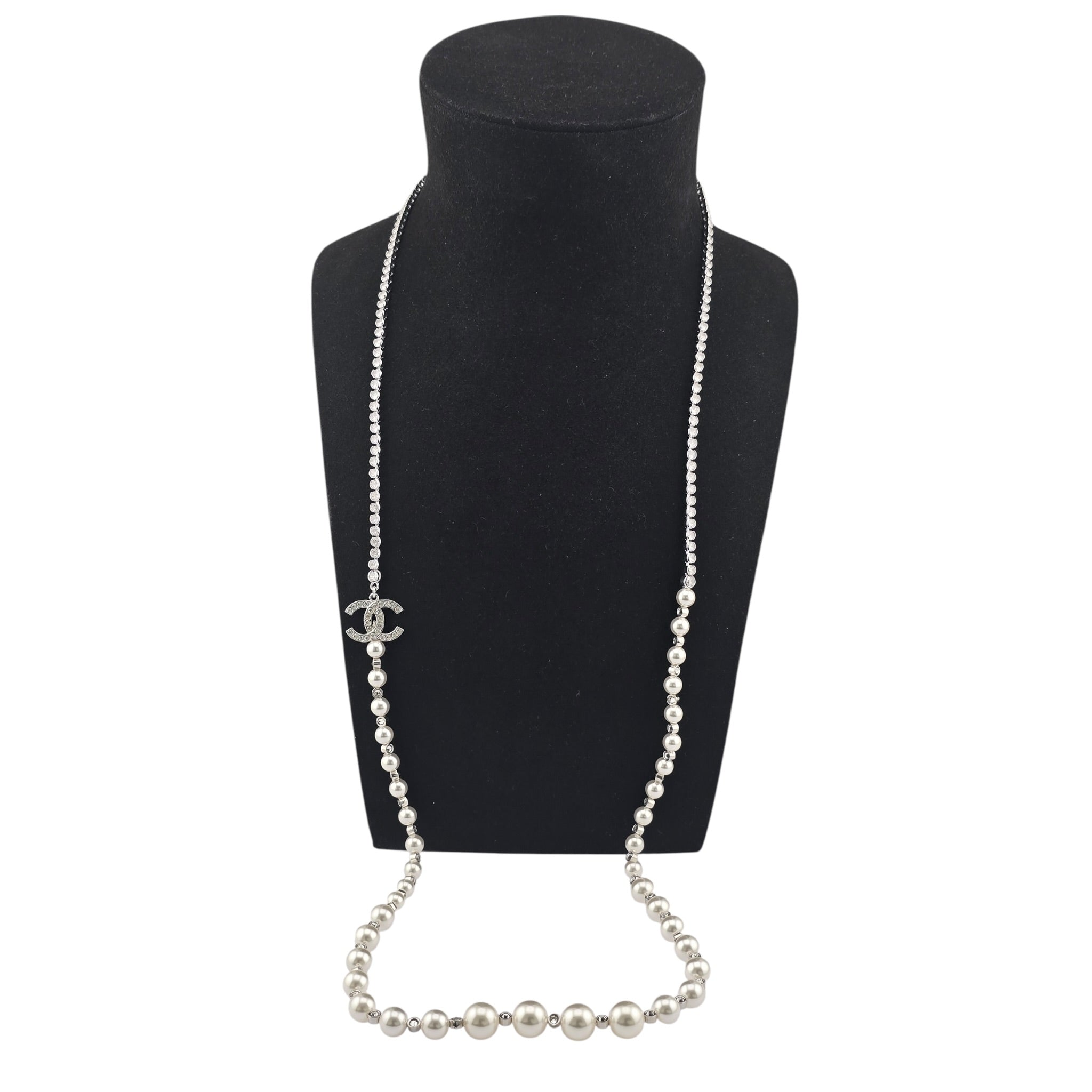 Chanel CC Faux Pearl Silver Crystal Long Necklace 2025 CHANEL