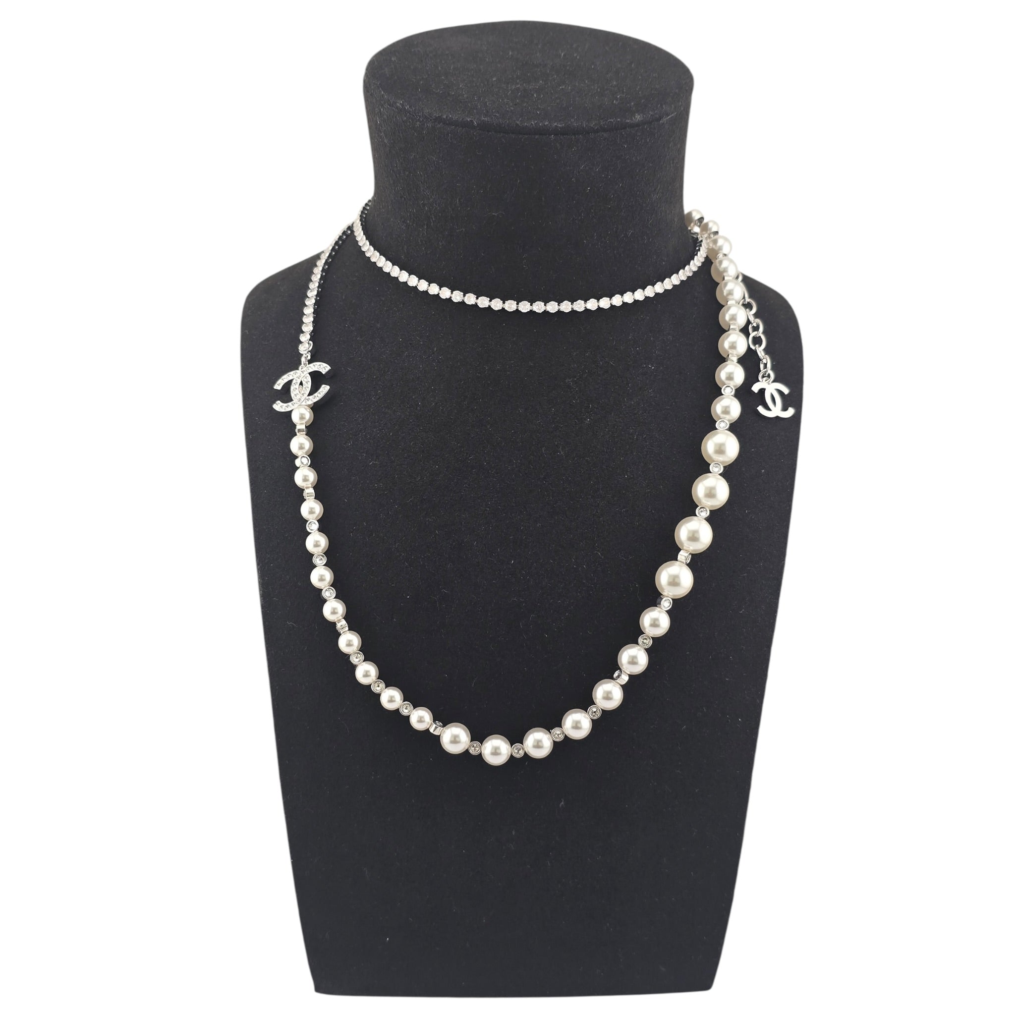 Chanel CC Faux Pearl Silver Crystal Long Necklace 2025 CHANEL