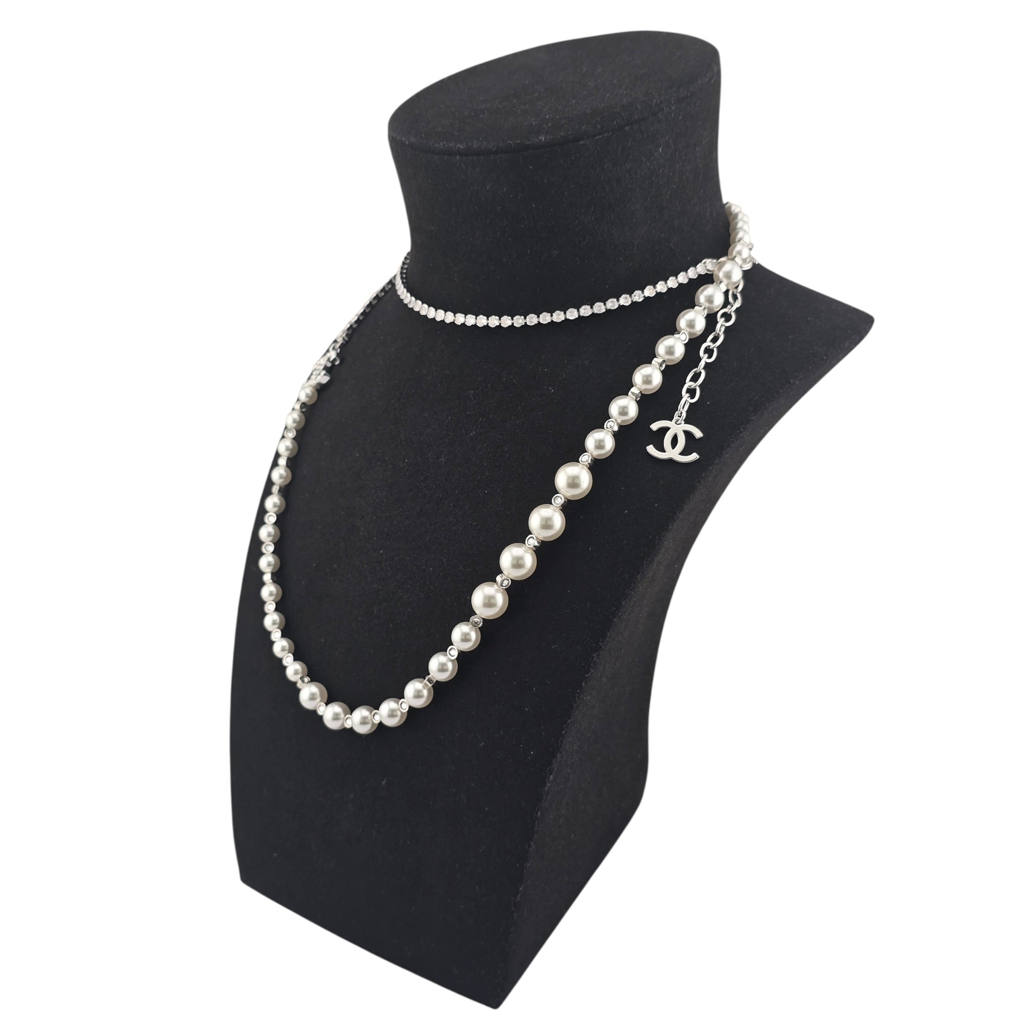 Chanel CC Faux Pearl Silver Crystal Long Necklace 2025 CHANEL