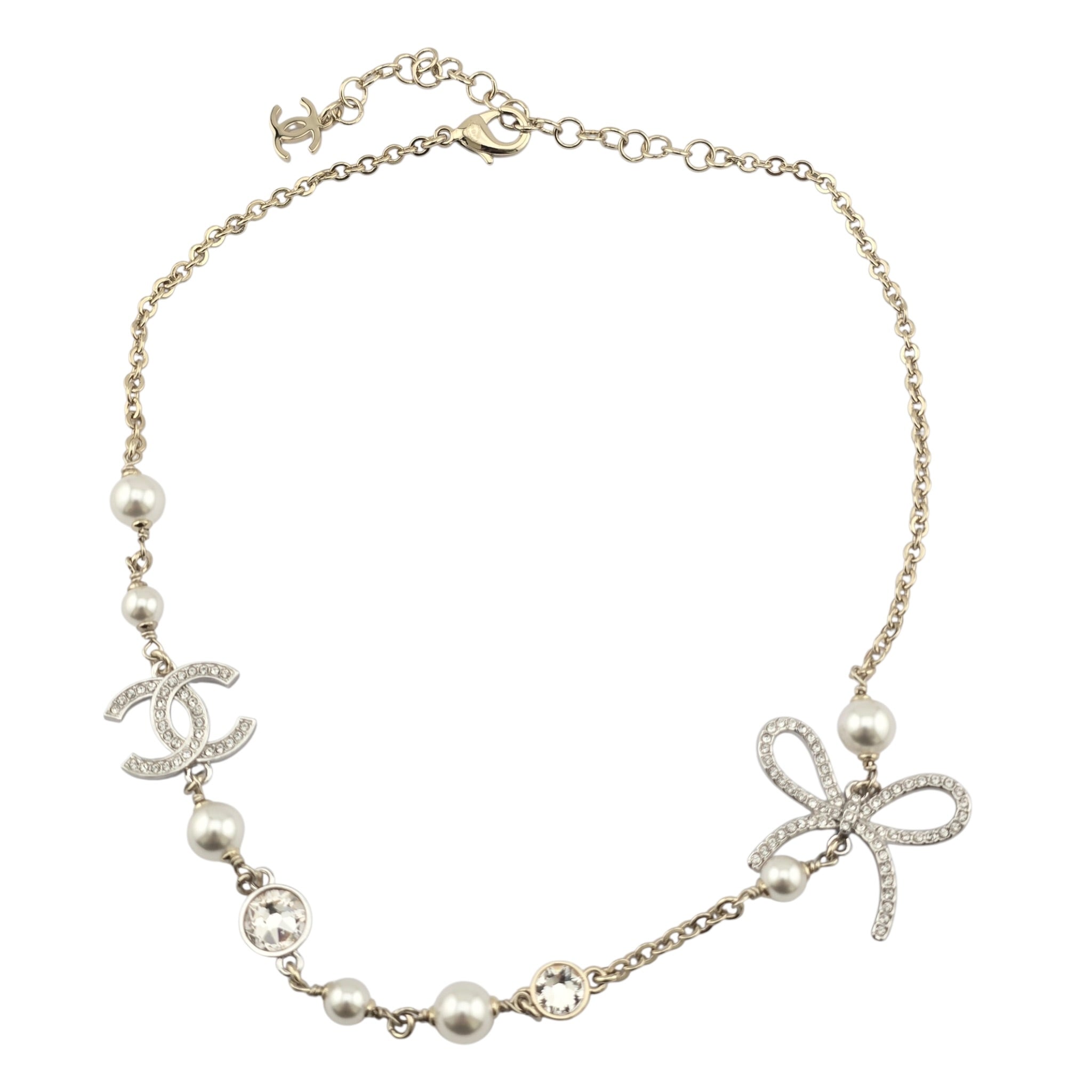 Chanel CC Gold Silver Bow Faux Pearl Necklace 2025 CHANEL