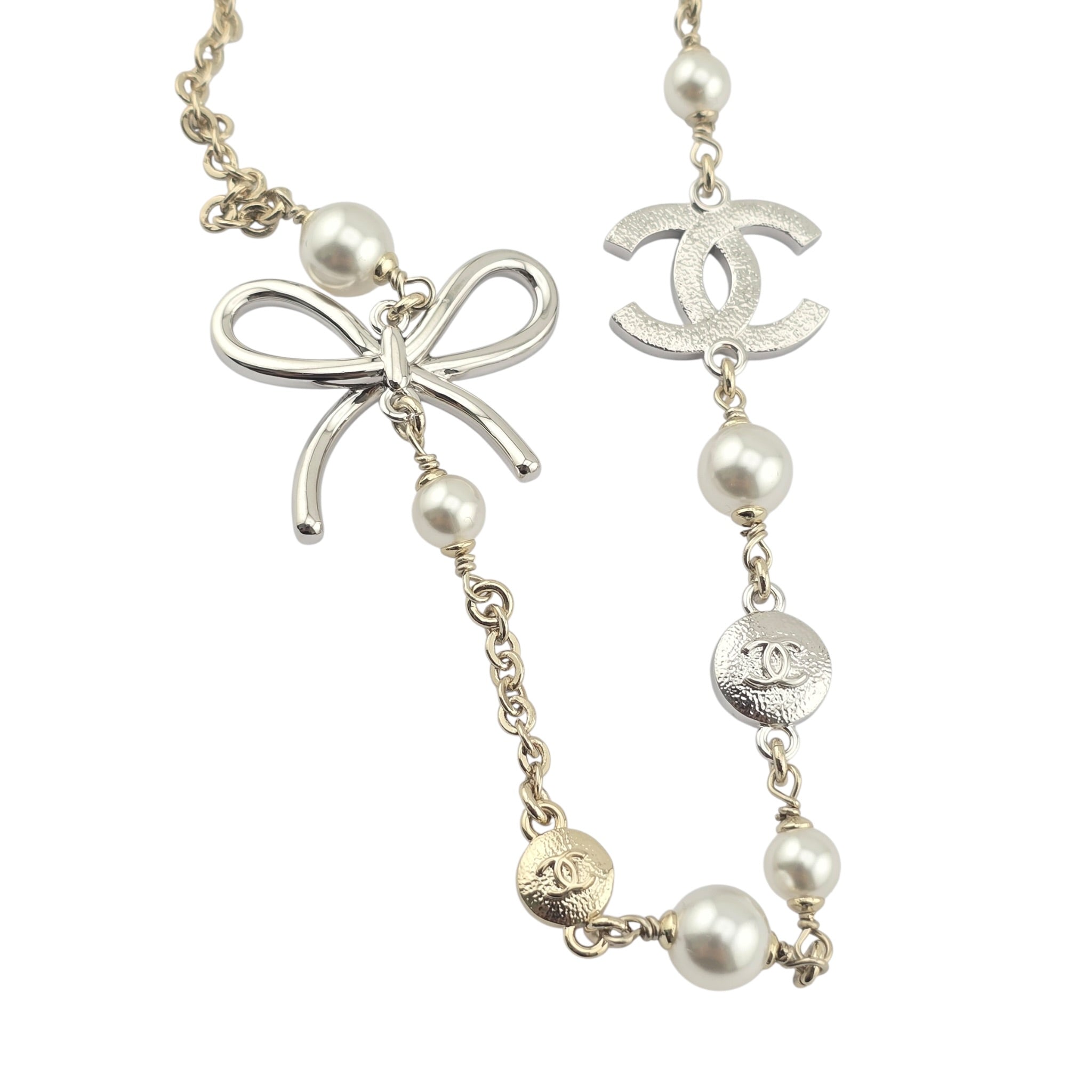 Chanel CC Gold Silver Bow Faux Pearl Necklace 2025 CHANEL