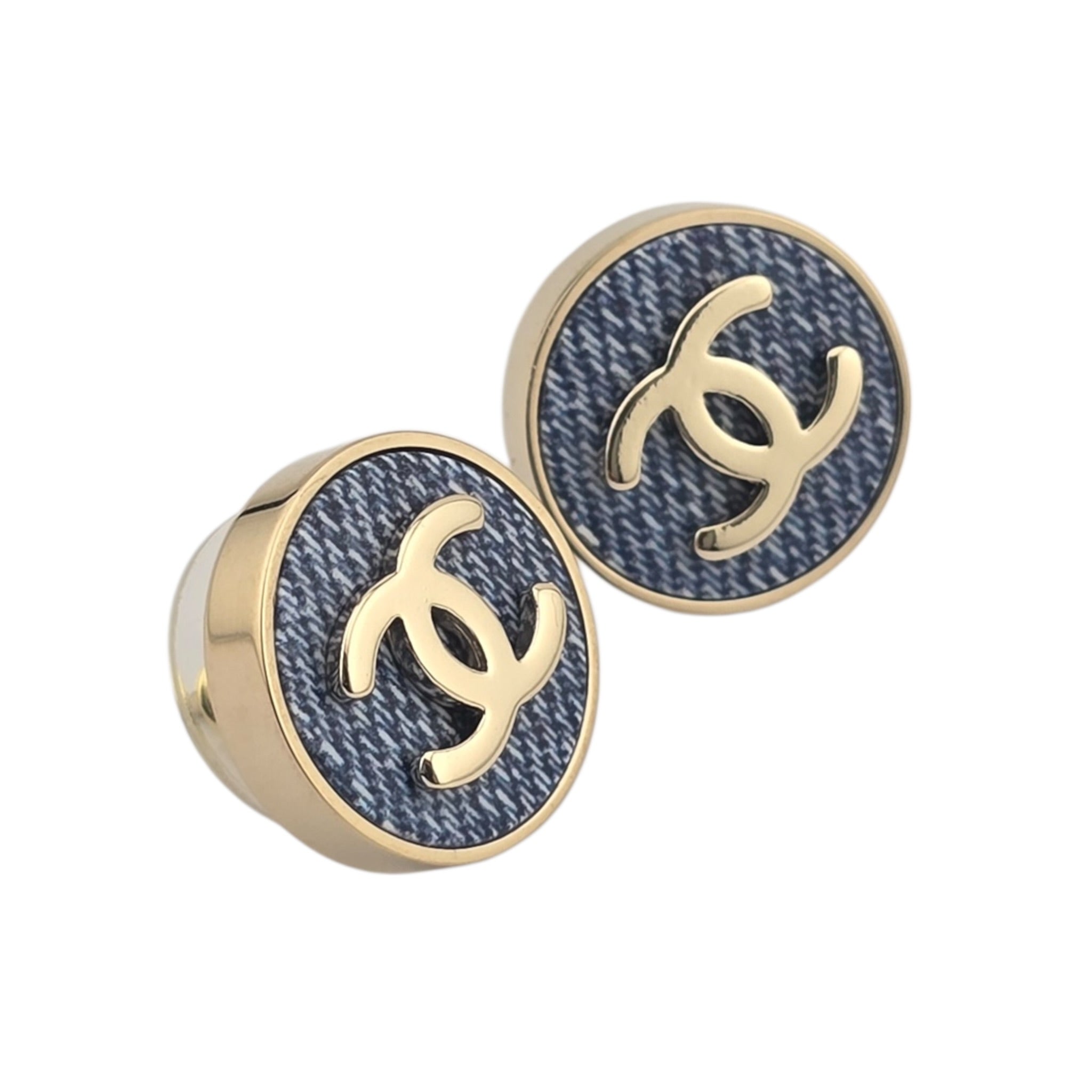 Chanel CC Blue Gold Round Denim Earrings 2026 CHANEL