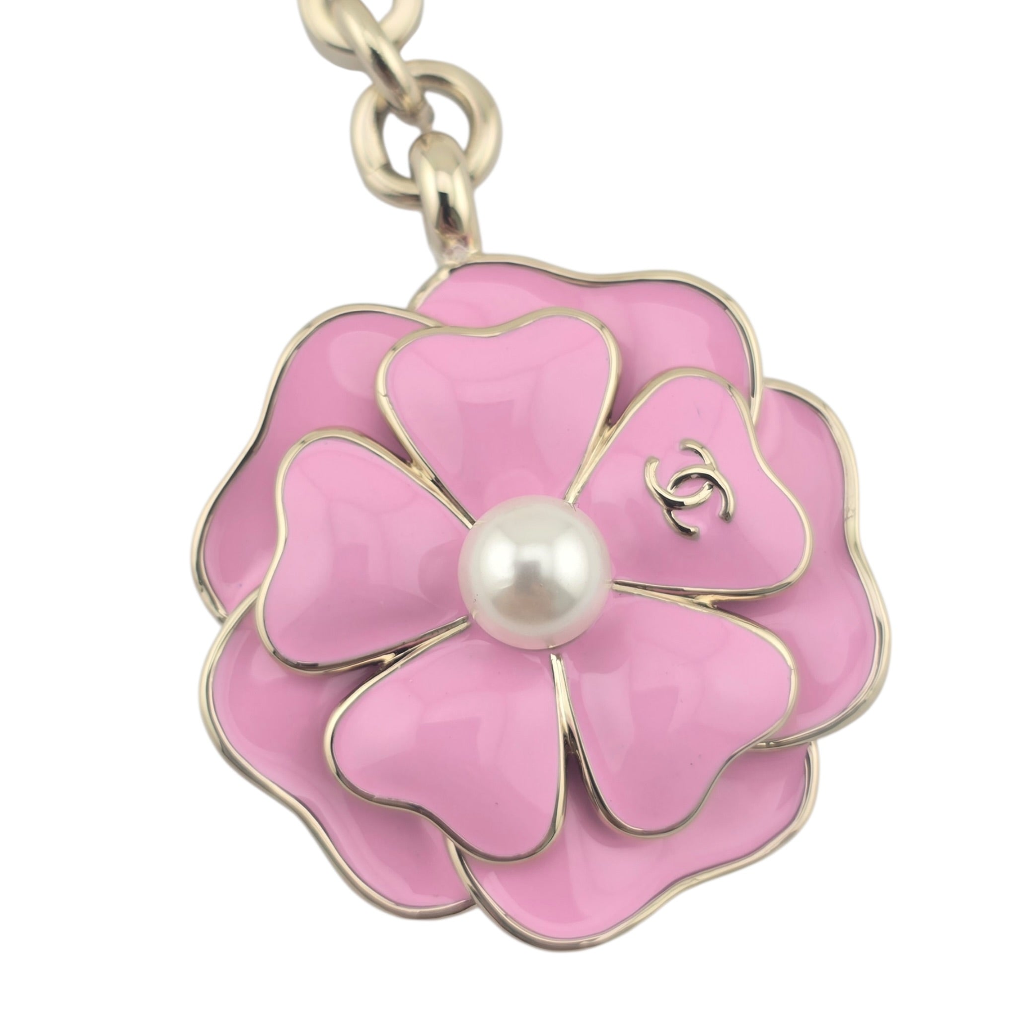 Chanel CC Pink Enamel Camellia Keychain Bag Charm 2025 CHANEL