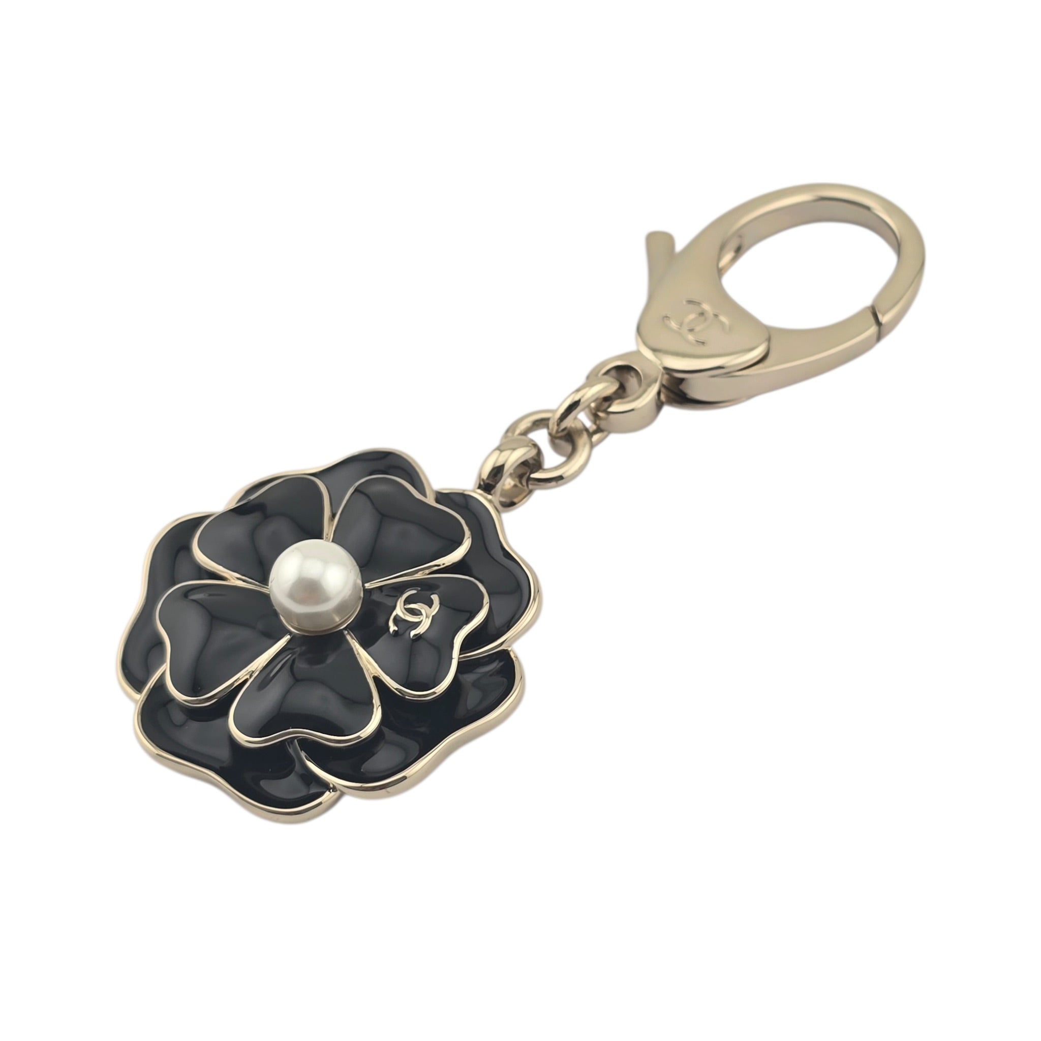 Chanel CC Black Enamel Camellia Keychain Bag Charm 2025 CHANEL