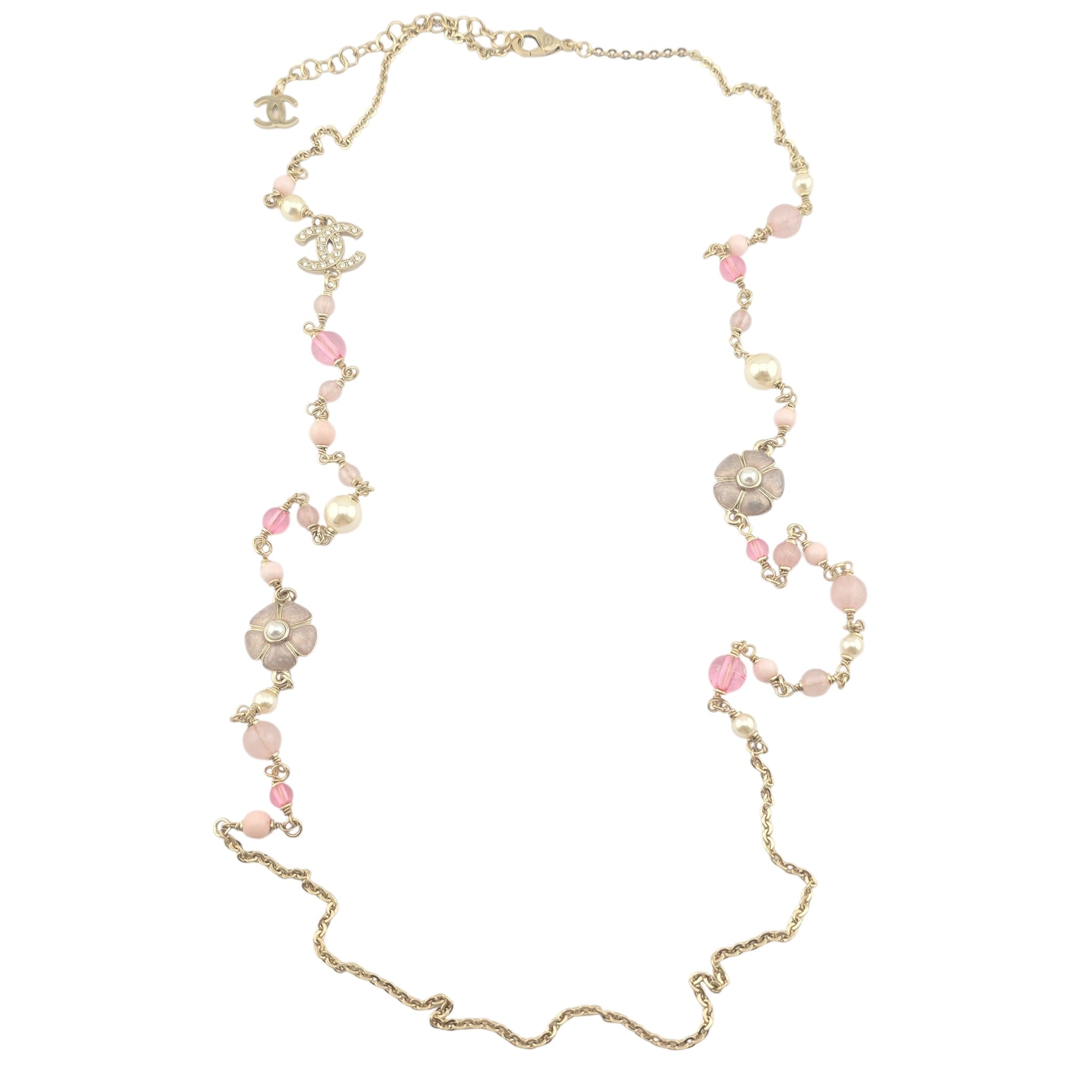 Chanel CC Pink Camellia Flower Resin Denim Long Necklace 2026 CHANEL