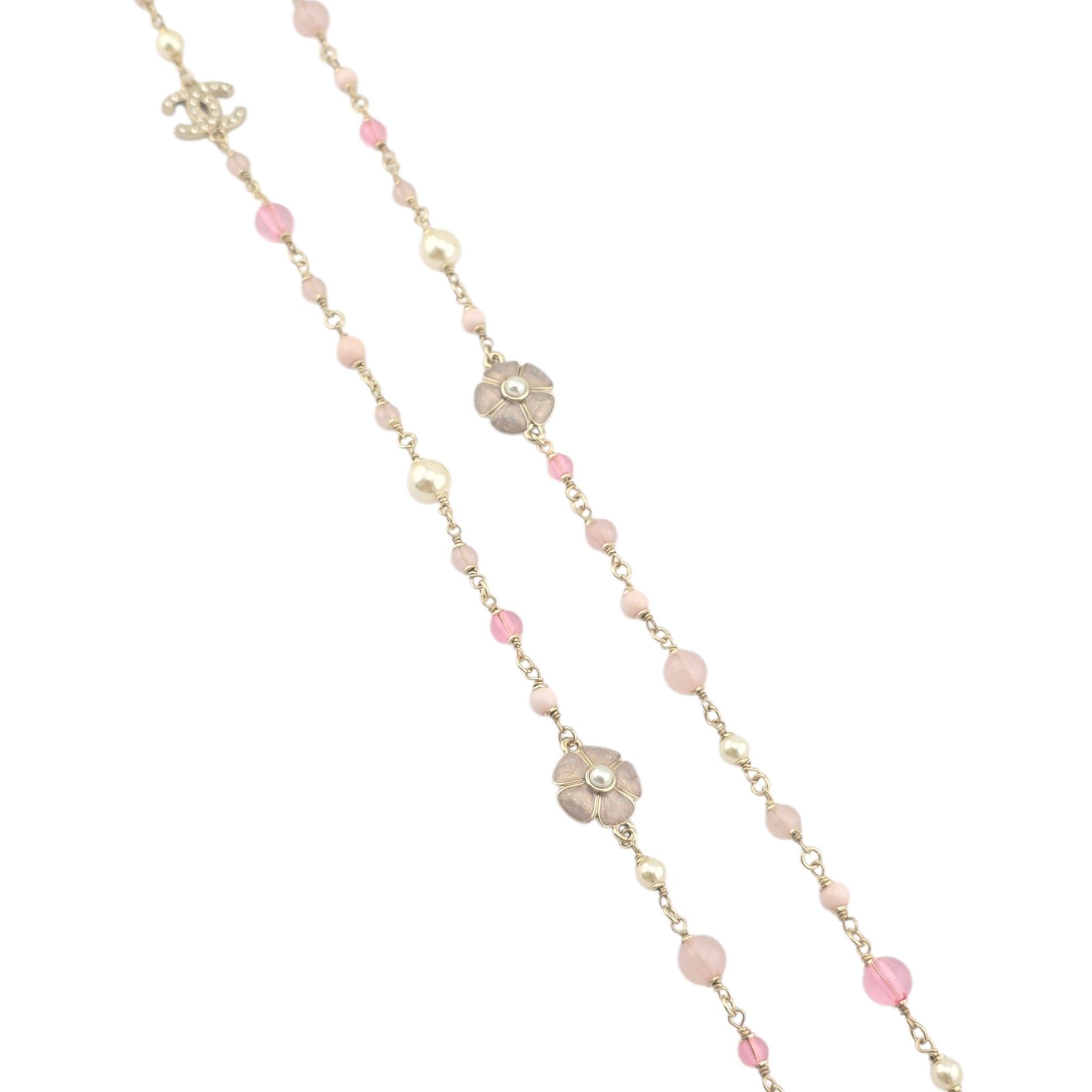 Chanel CC Pink Camellia Flower Resin Denim Long Necklace 2026 CHANEL