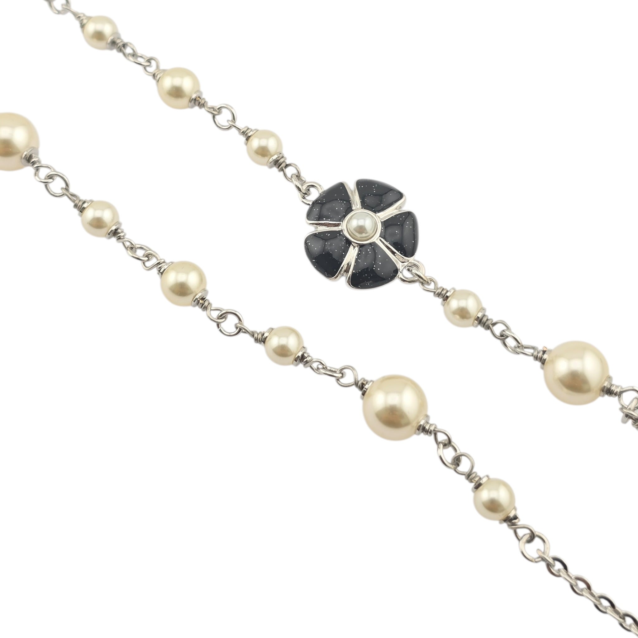 Chanel CC Black Camellia Flower Resin Denim Long Necklace 2026 CHANEL
