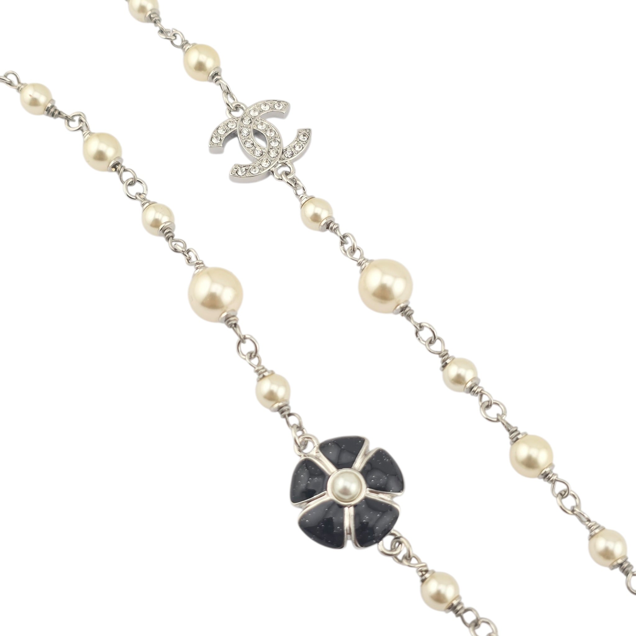 Chanel CC Black Camellia Flower Resin Denim Long Necklace 2026 CHANEL