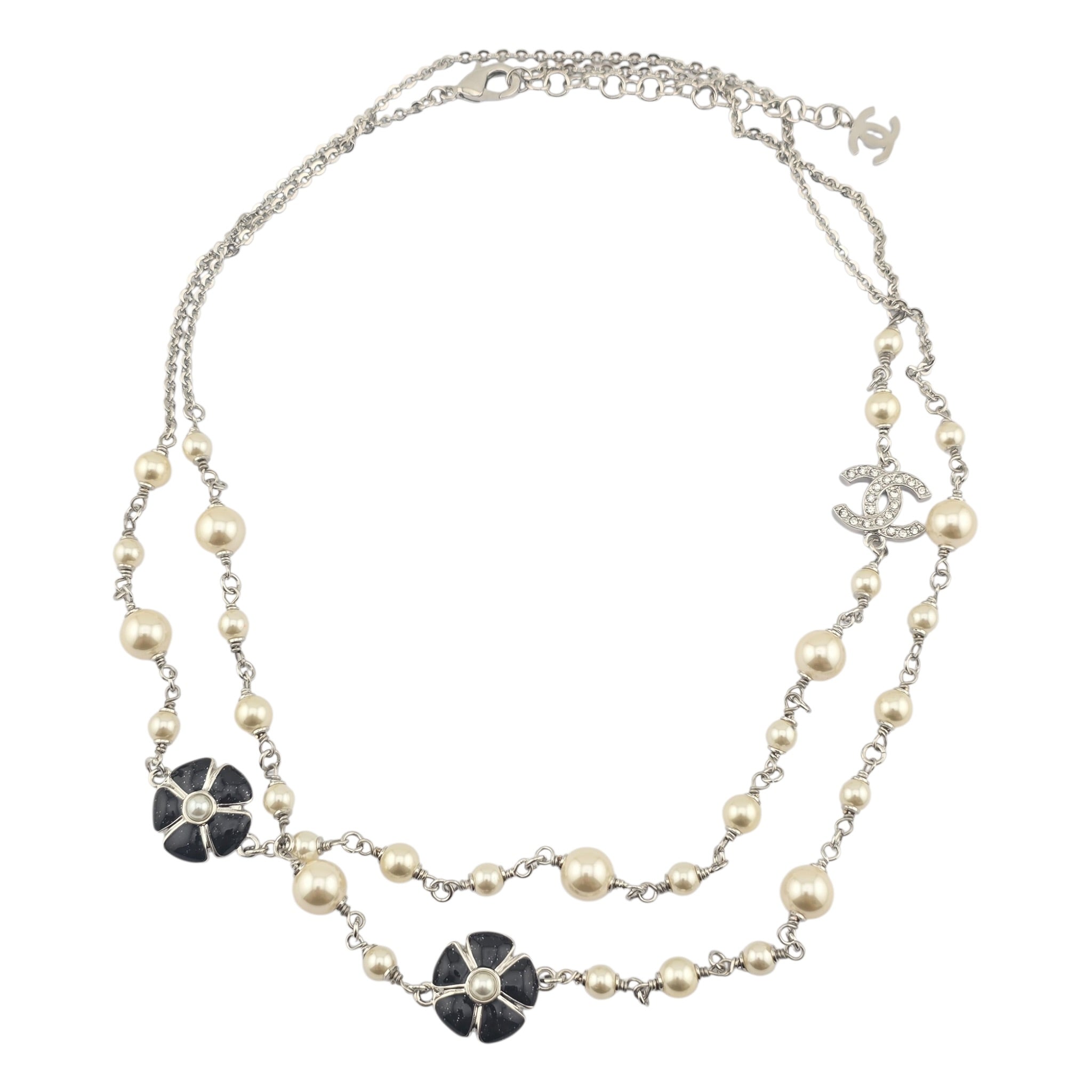 Chanel CC Black Camellia Flower Resin Denim Long Necklace 2026 CHANEL