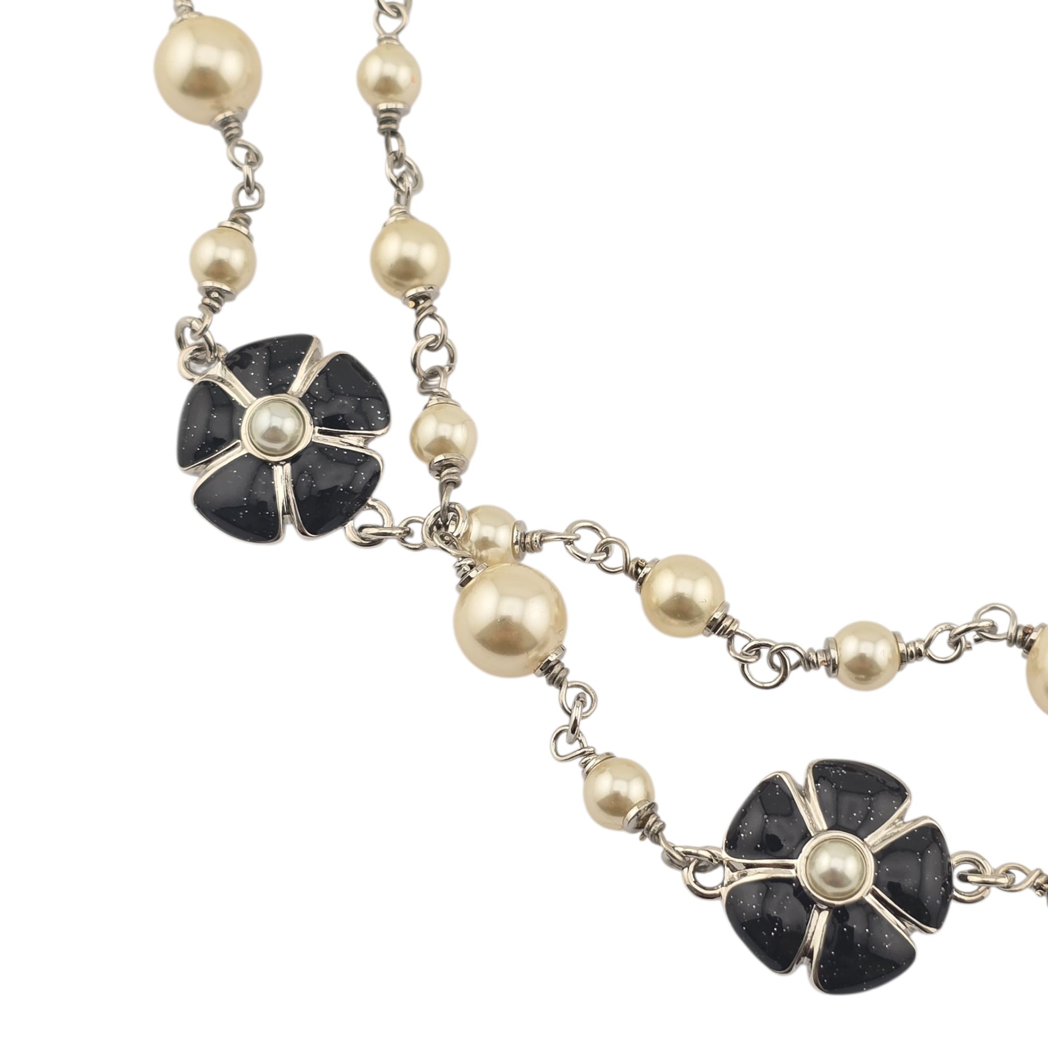 Chanel CC Black Camellia Flower Resin Denim Long Necklace 2026 CHANEL