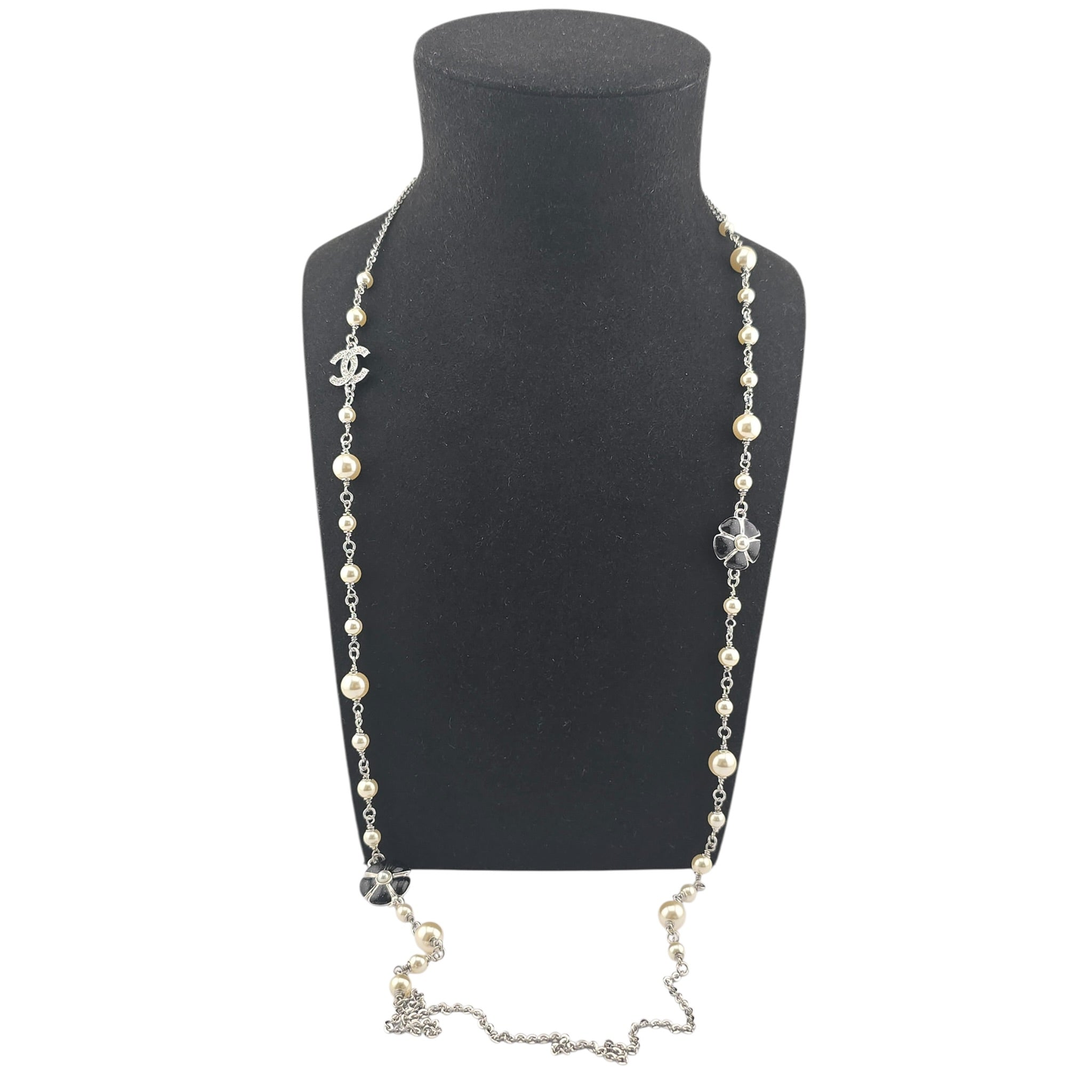 Chanel CC Black Camellia Flower Resin Denim Long Necklace 2026 CHANEL