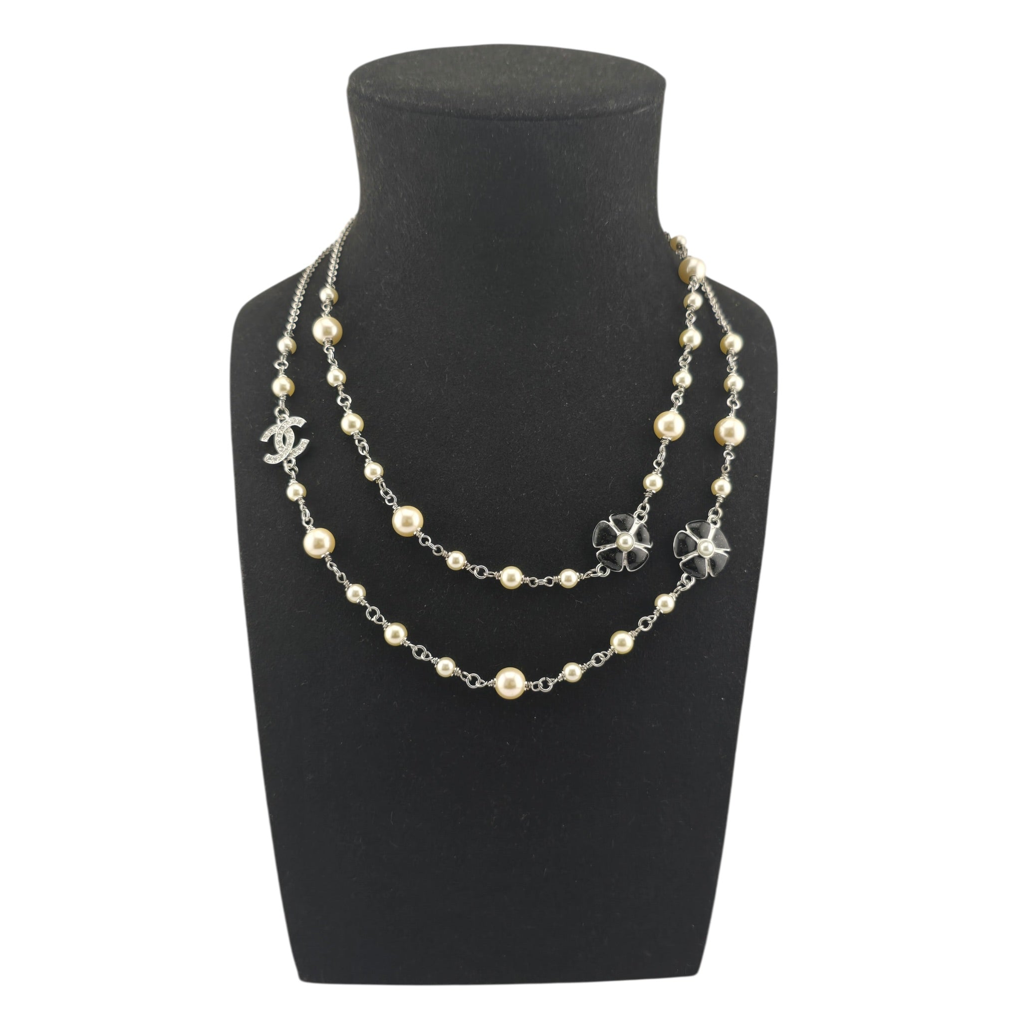 Chanel CC Black Camellia Flower Resin Denim Long Necklace 2026 CHANEL