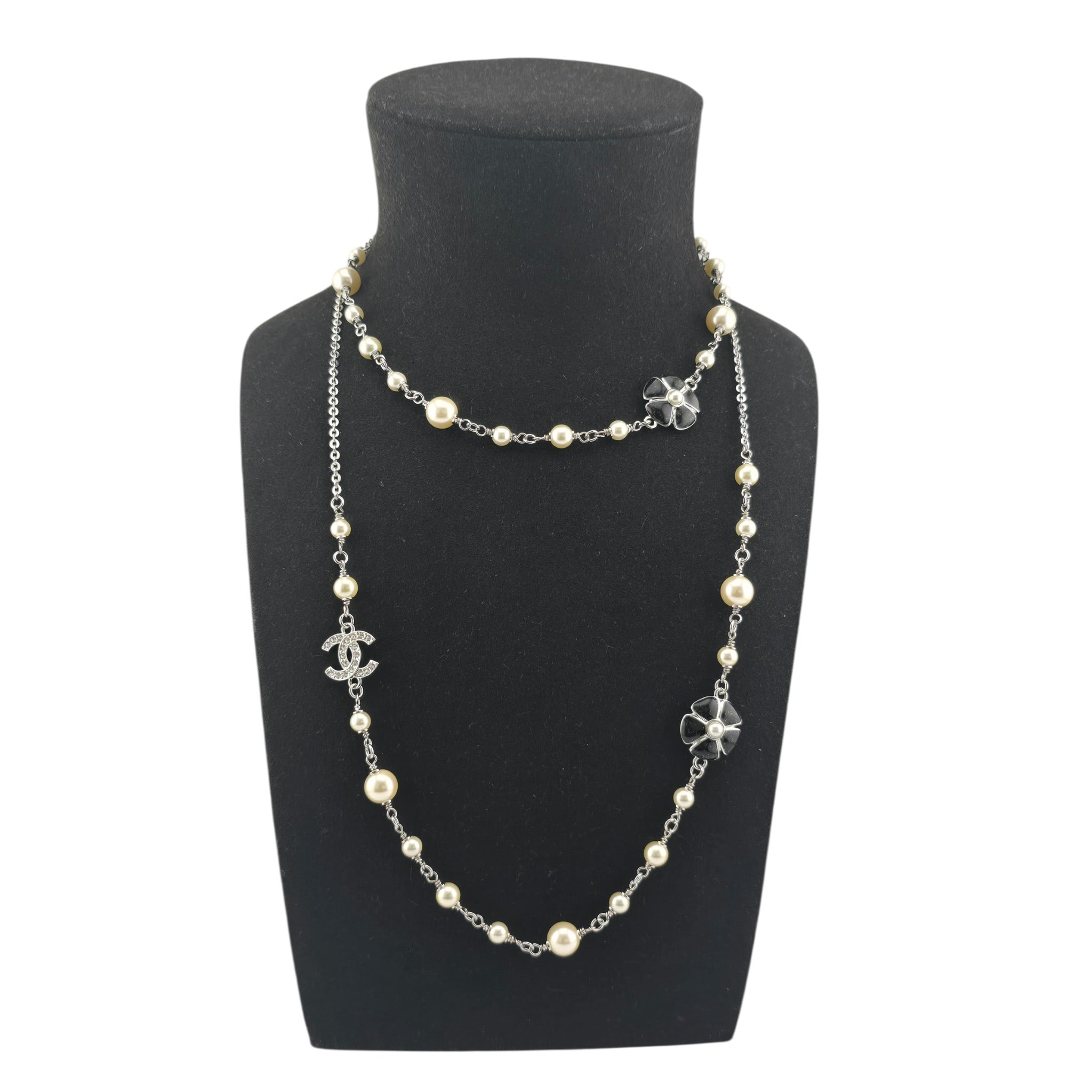 Chanel CC Black Camellia Flower Resin Denim Long Necklace 2026 CHANEL