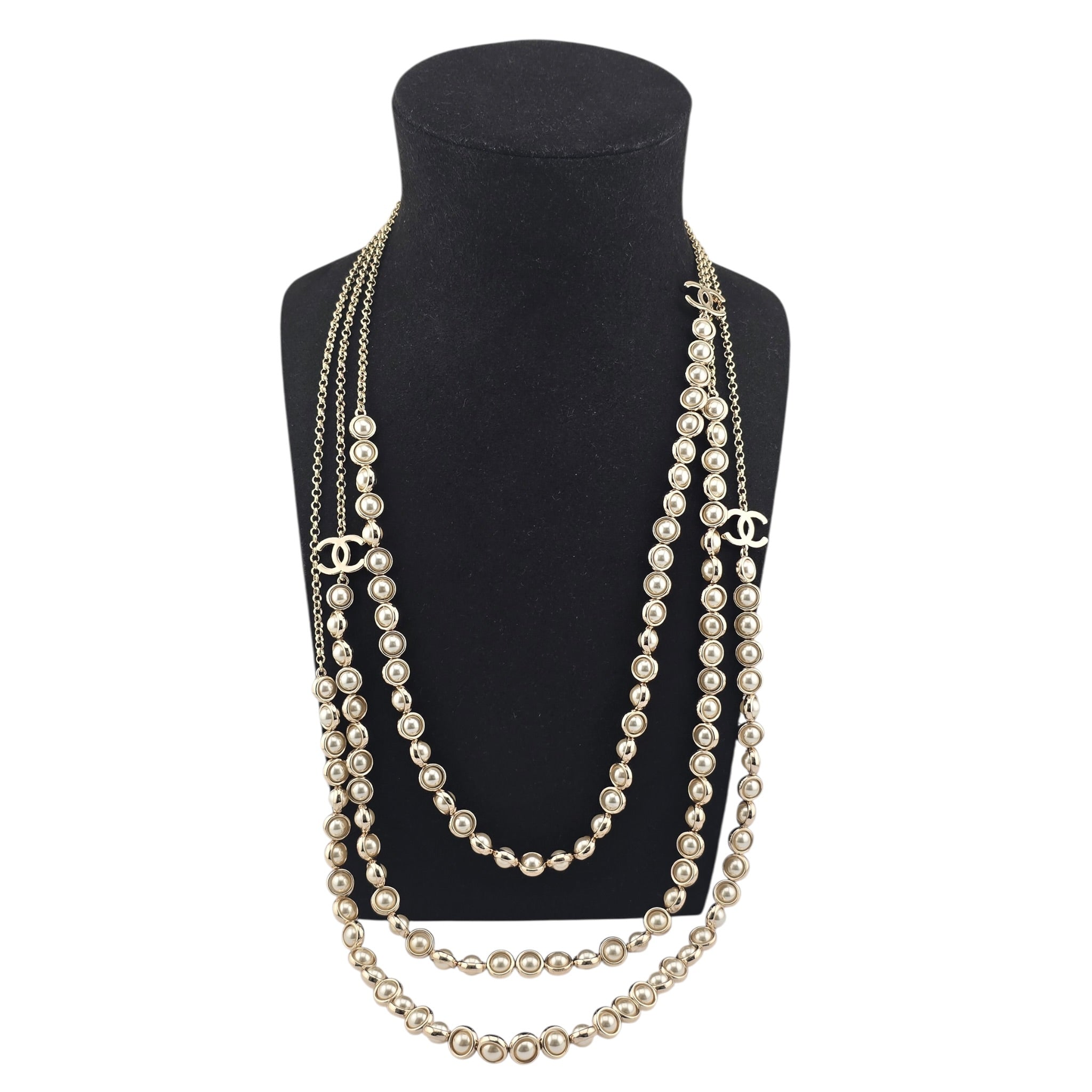 Chanel CC Long Gold Faux Pearl 3 Row Necklace 2024 CHANEL