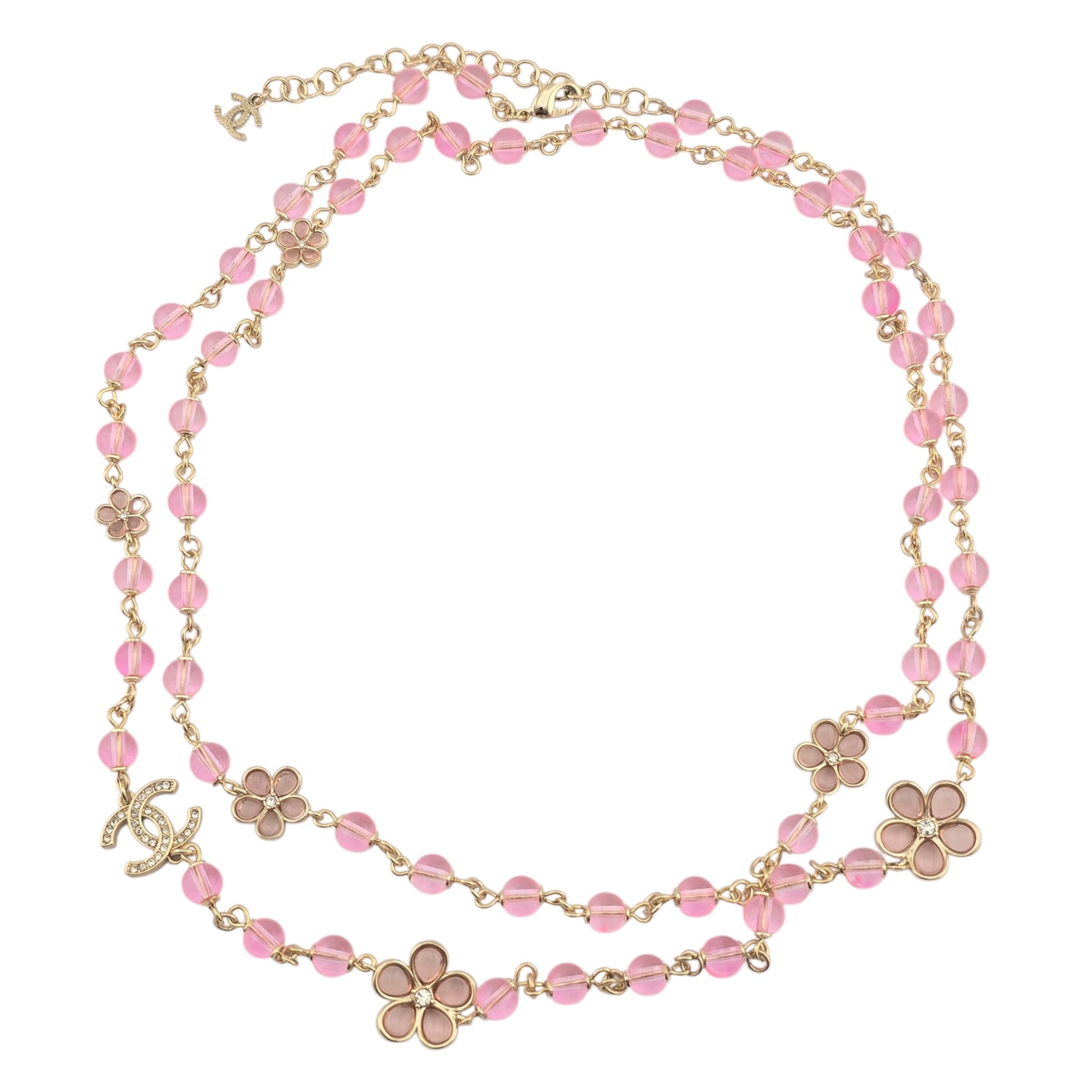 Chanel CC Pink Bead Long Gold Necklace 2026 CHANEL
