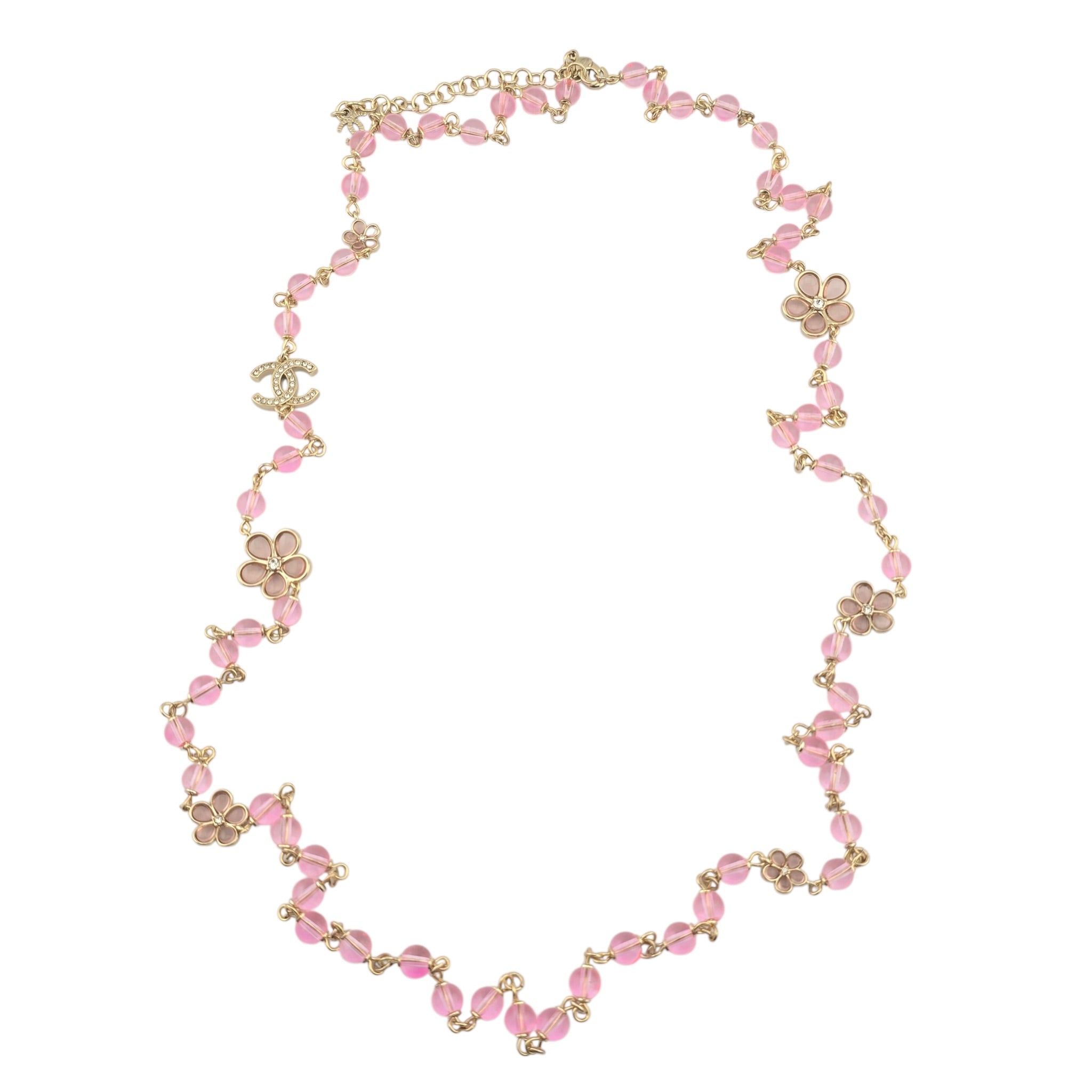 Chanel CC Pink Bead Long Gold Necklace 2026 CHANEL