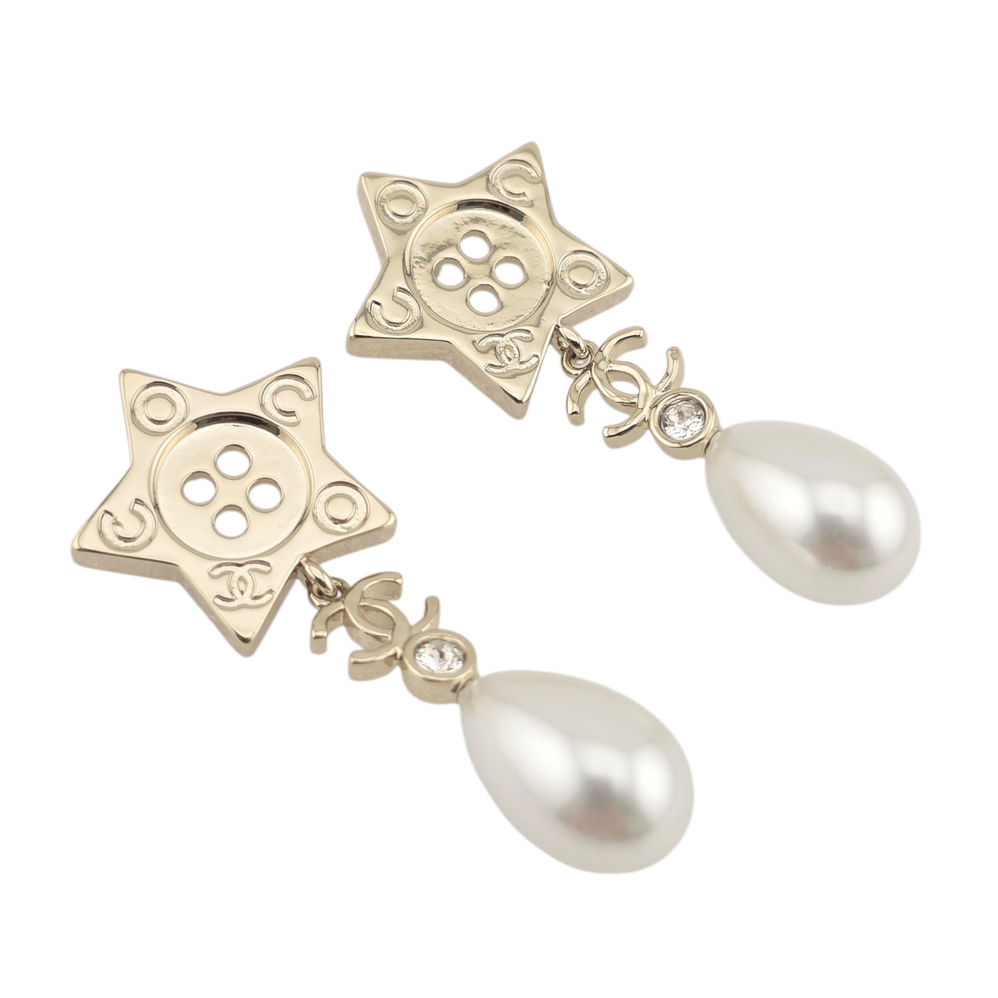 Chanel Logo Star Button Gold Faux Pearl Drop Earrings 2025 CHANEL