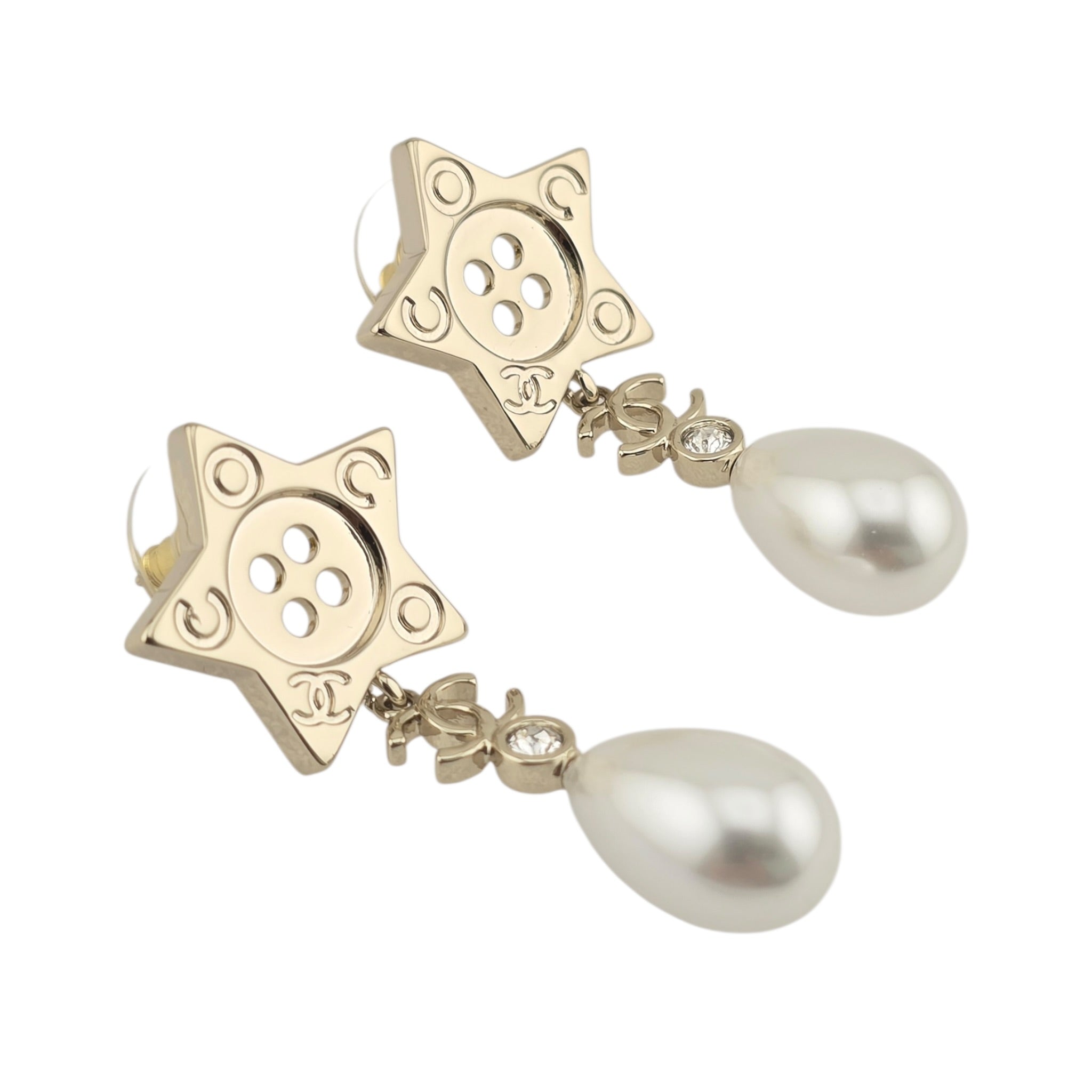 Chanel Logo Star Button Gold Faux Pearl Drop Earrings 2025 CHANEL
