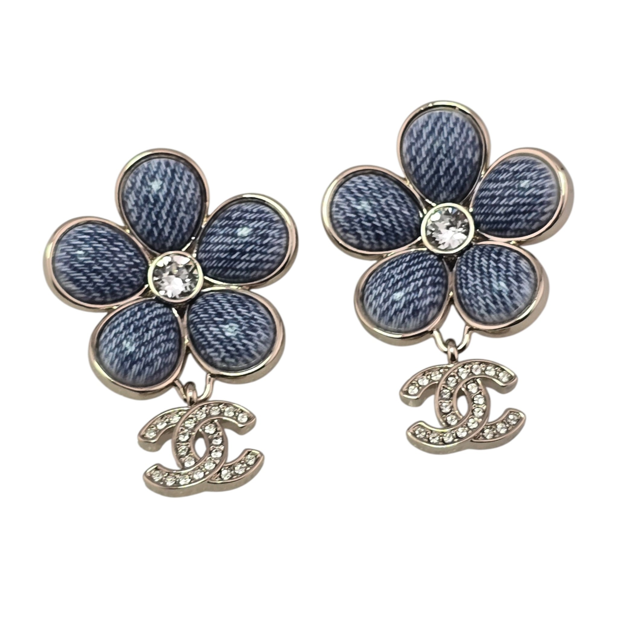 Chanel CC Enamel Crystal Floral Denim Drop Earrings 2026 CHANEL