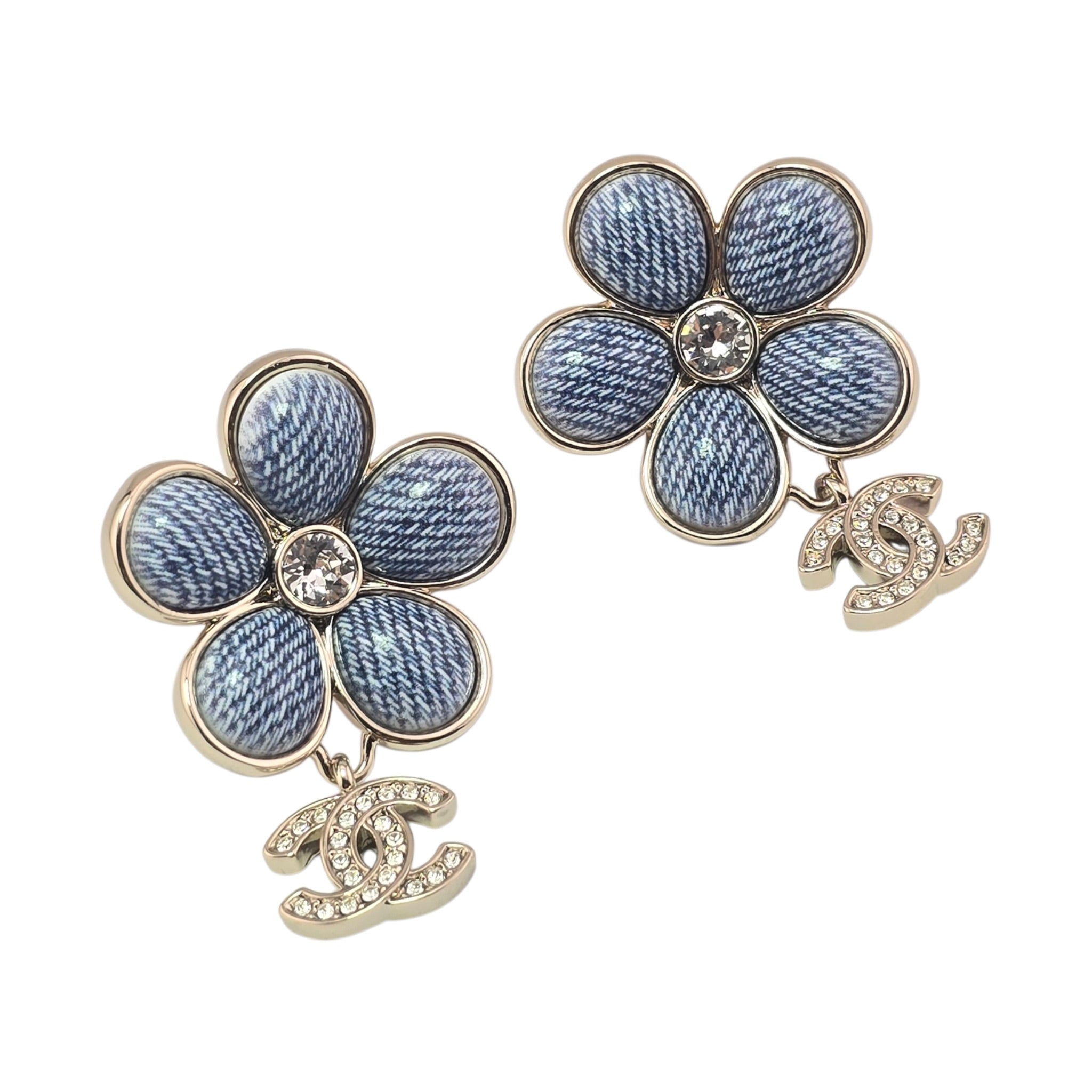 Chanel CC Enamel Crystal Floral Denim Drop Earrings 2026 CHANEL