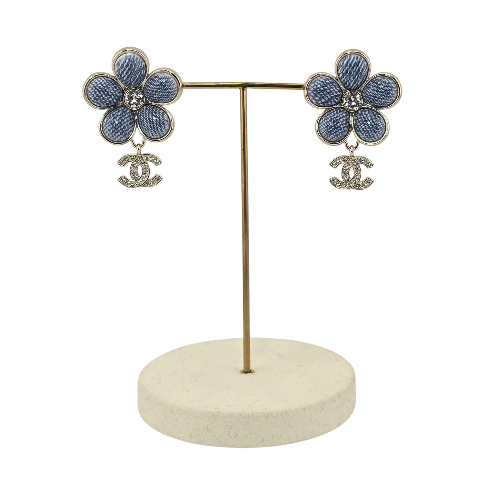 Chanel CC Enamel Crystal Floral Denim Drop Earrings 2026 CHANEL