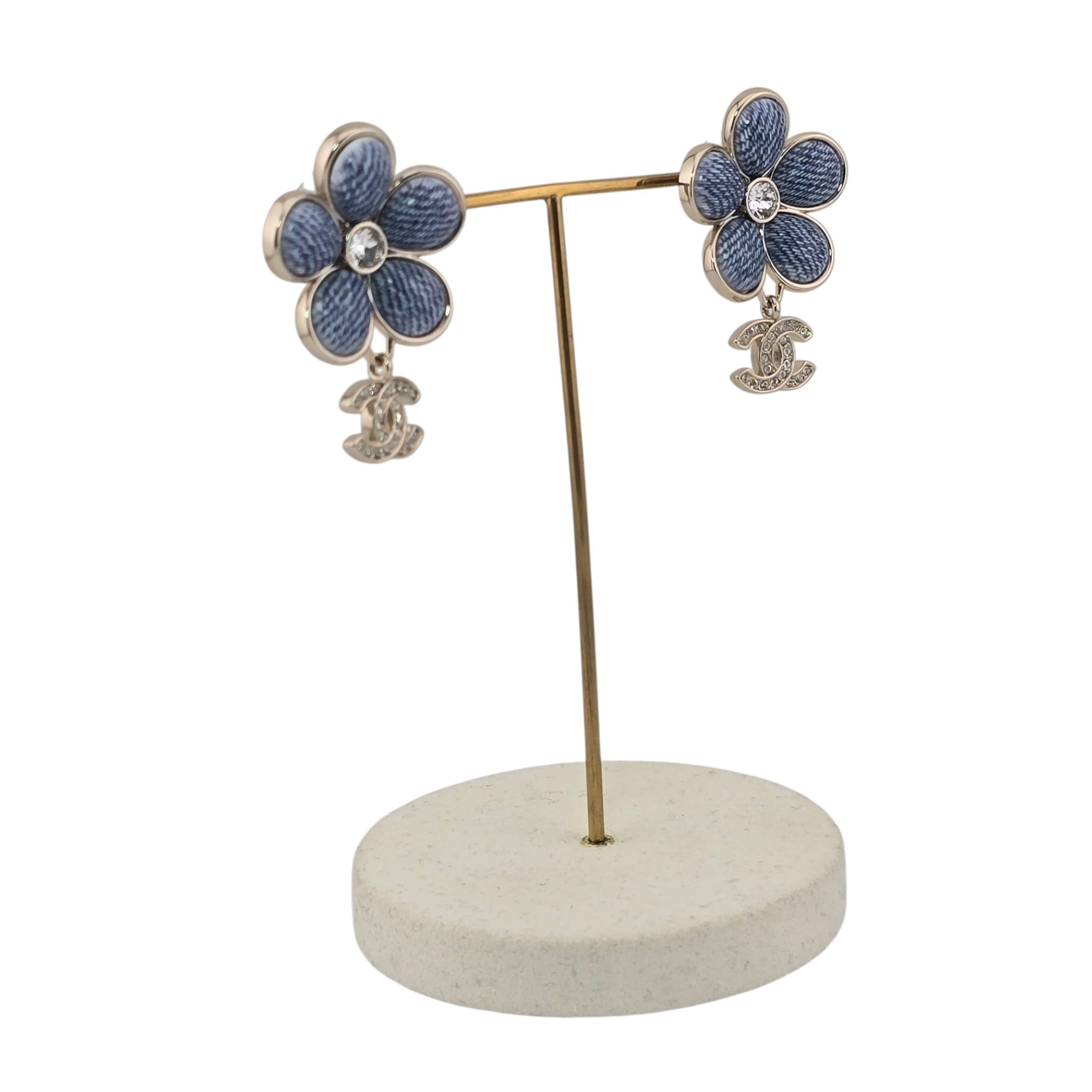 Chanel CC Enamel Crystal Floral Denim Drop Earrings 2026 CHANEL